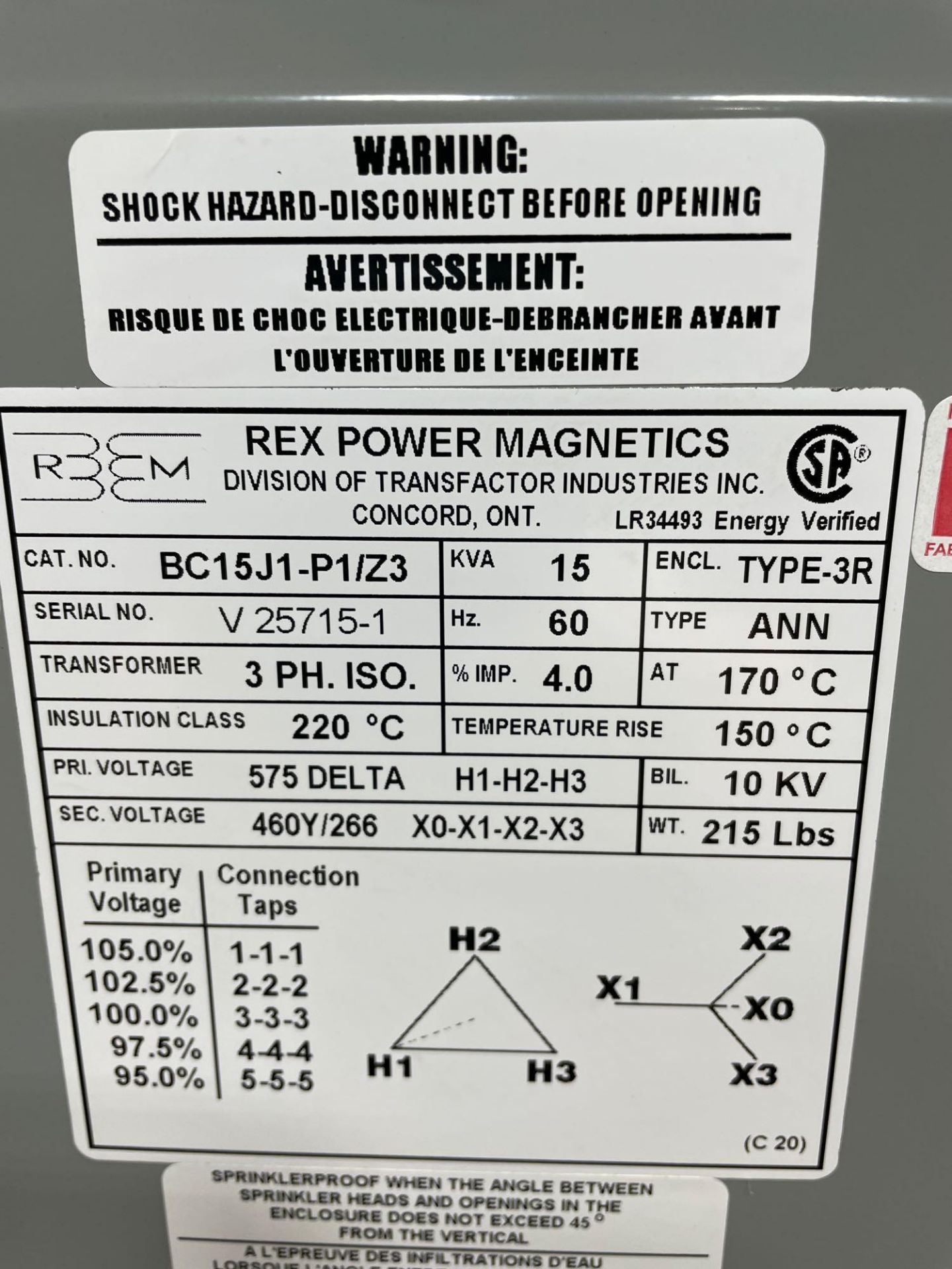 REX 15 kVA 575 Volt to 460Y/266 Volt Three phase ISO Transformer BC15J1-P1/Z3 - Image 10 of 10