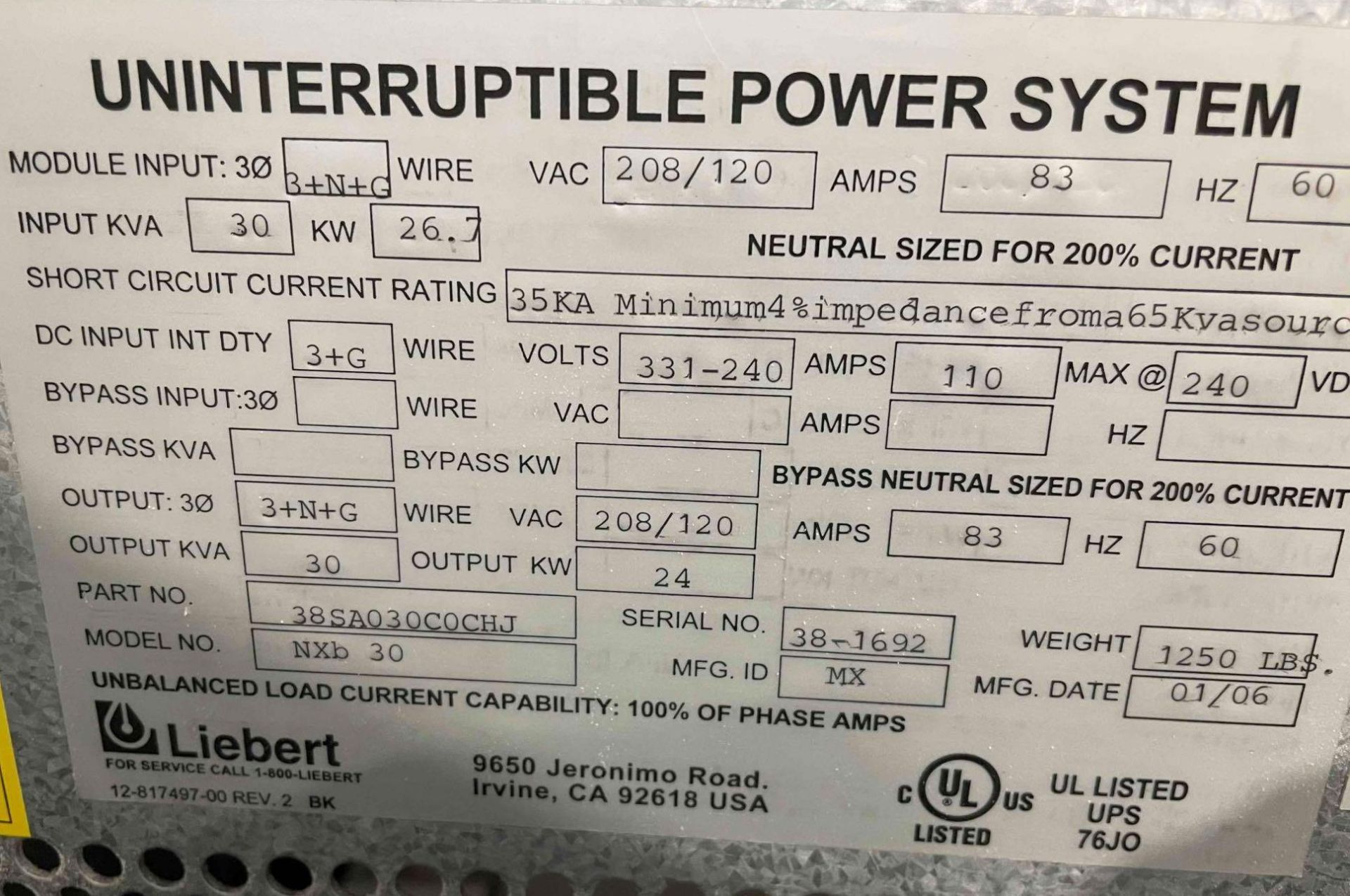 Liebert  NX / Emerson UPS Uninterruptible Power System  Model: NXb 30  Amps: 83  60Hz  Output KVA: 3 - Image 13 of 13