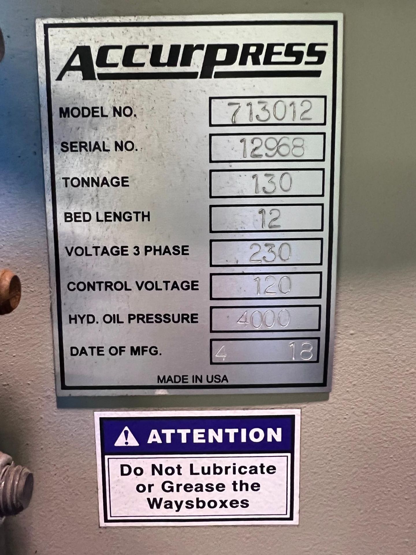 2018 Accurpress 713012 CNC Press Brake Serial Number 12968 Tons: 130 Bed Length: 12' Computer System - Image 9 of 27