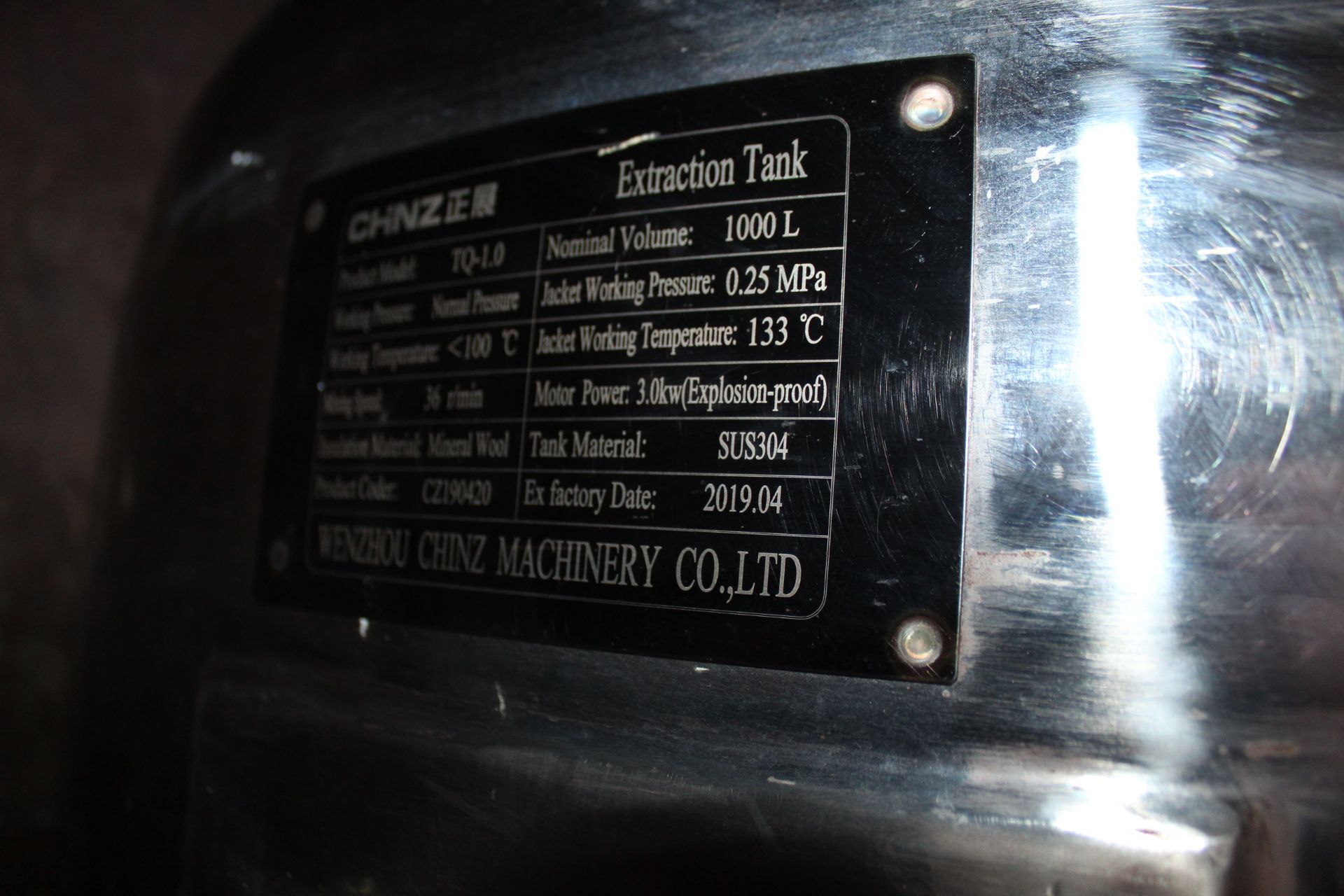 Chinz Manufacturer, 1000L, Mdl. TQ-1.0, 3.0 kW, 1965 Lbs., Extraction Tank SS, Unused - Image 3 of 3