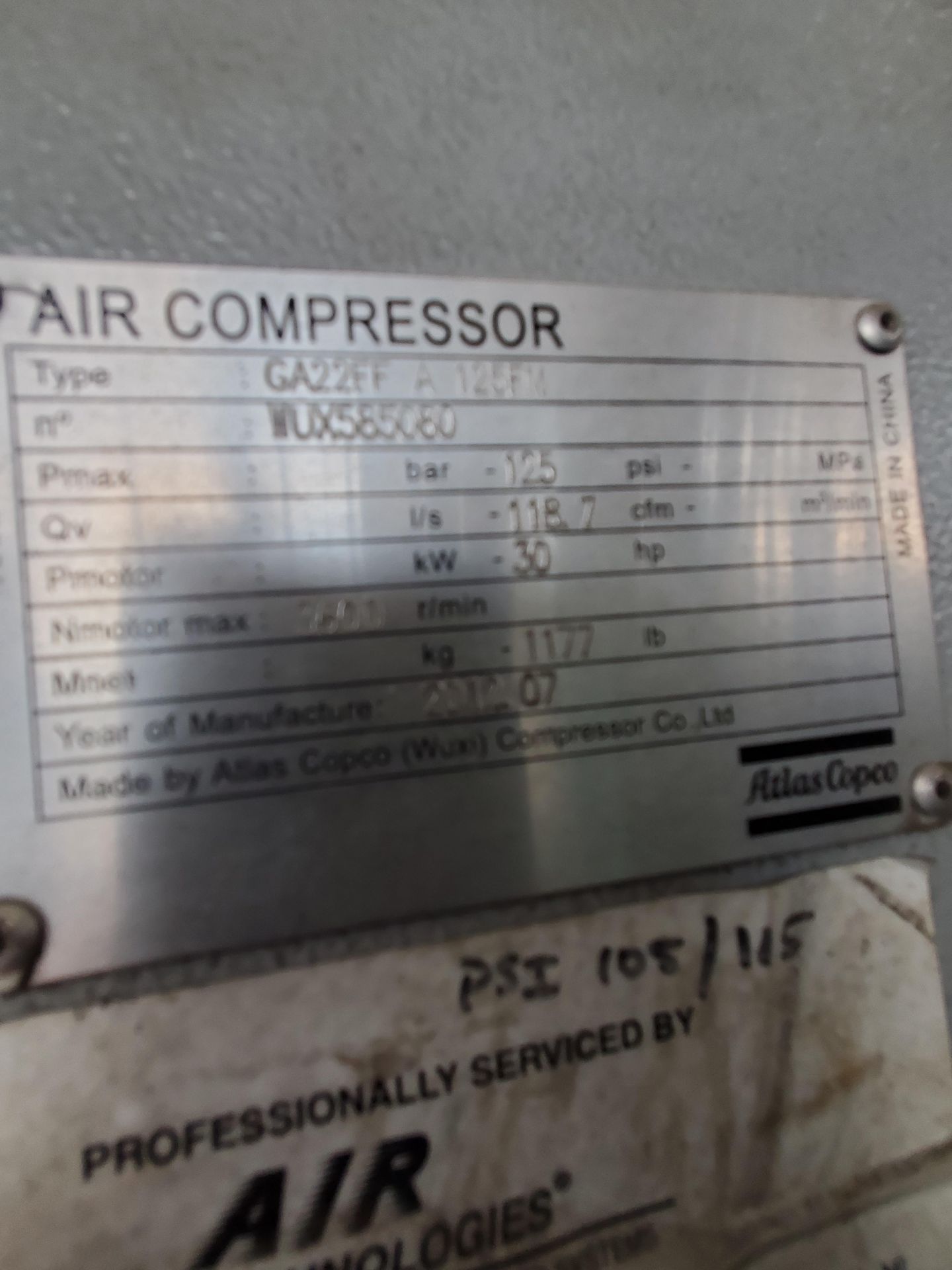 30 HP Atlas Copco Model GA-22 Rotary Screw Air Compressor - Image 3 of 3