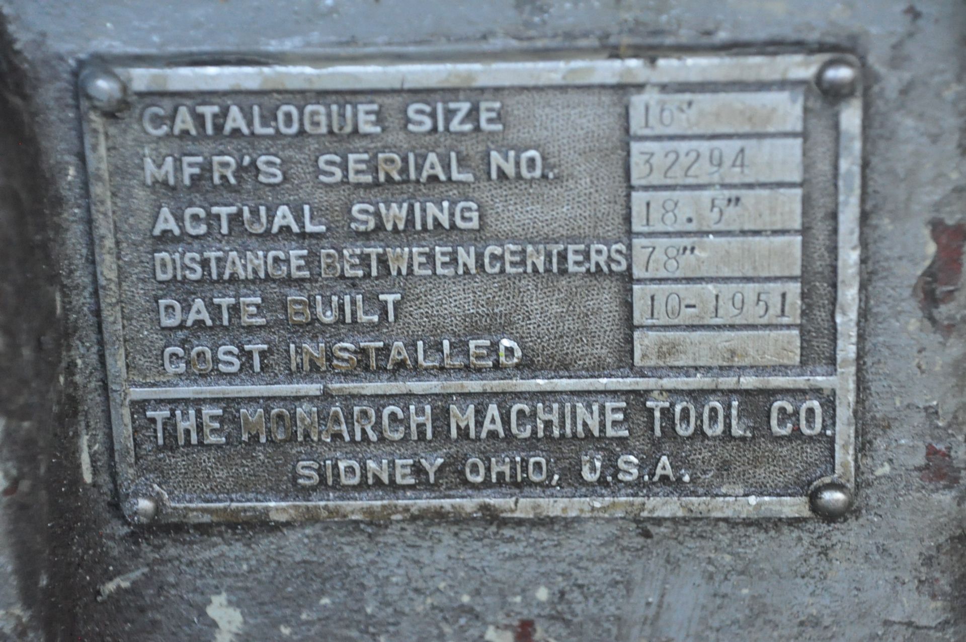 Monarch Model 16" Geared Head Engine Lathe, S/n 32294 (1951), 18.5" Actual Swing, - Image 5 of 5