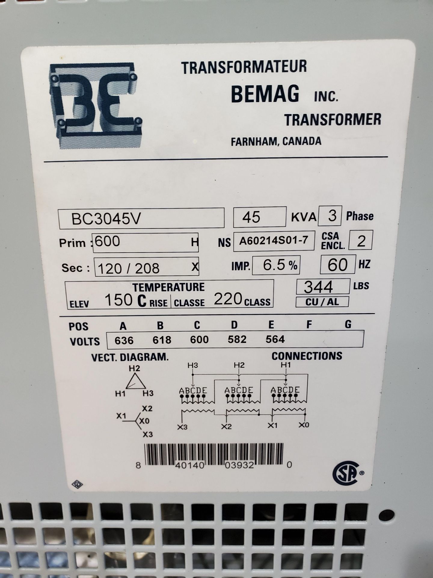 45 KVA Bemag #BC3045V Transformer - Image 3 of 3