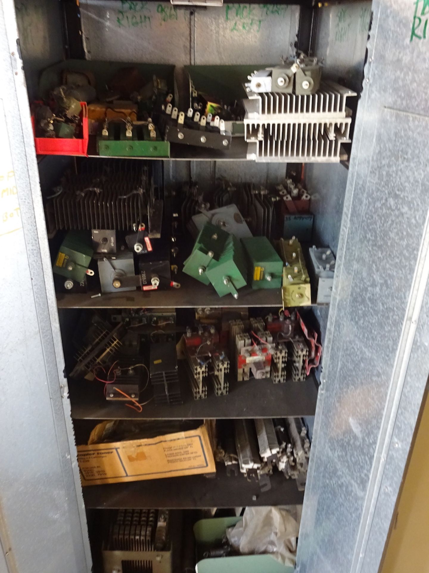 LOT: (2) 2-Door Steel Storage Cabinets, with Assorted Elevator Parts