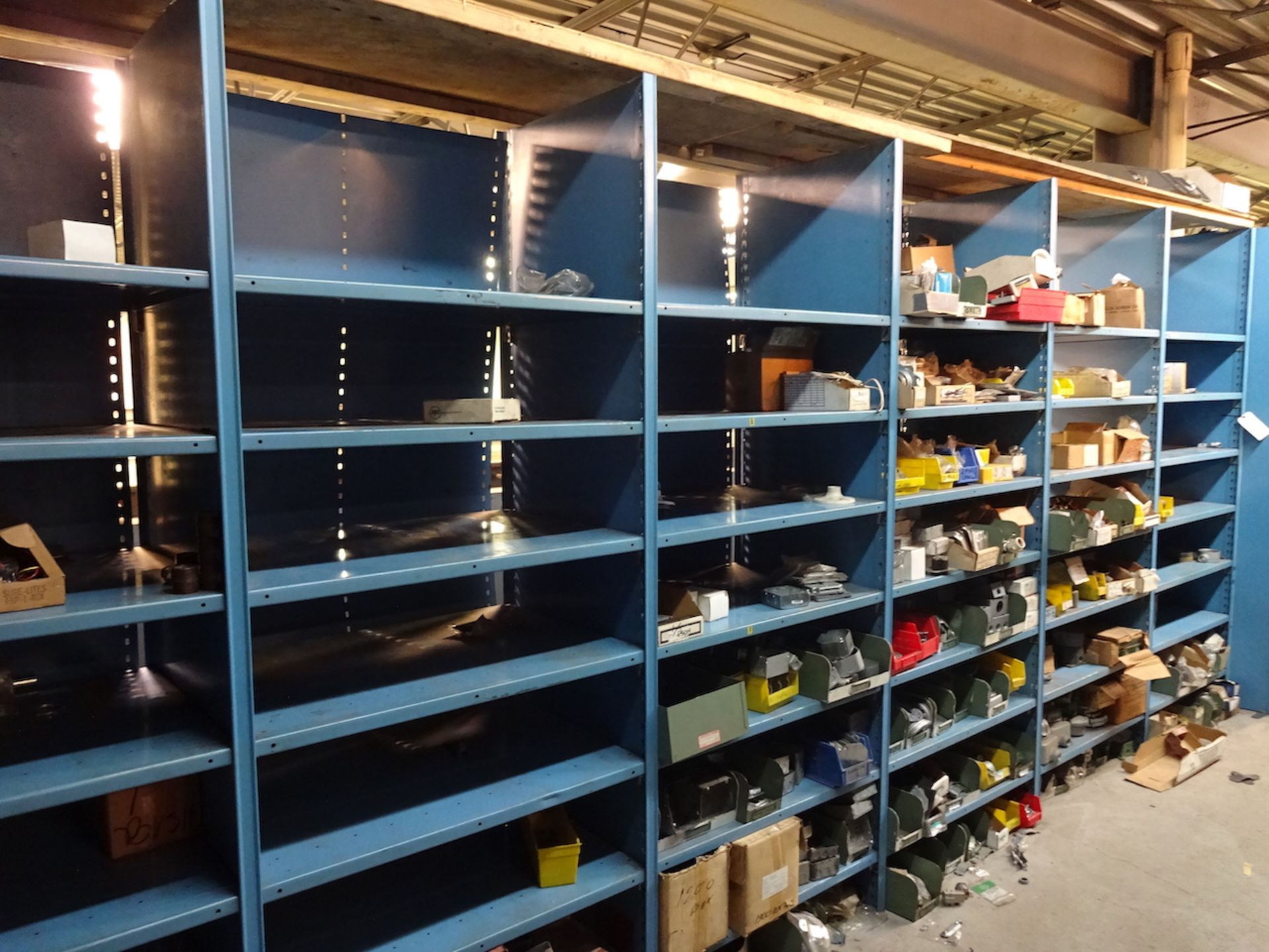 LOT: Assorted Electrical Parts on (6) Sections Shelving (includes shelving)