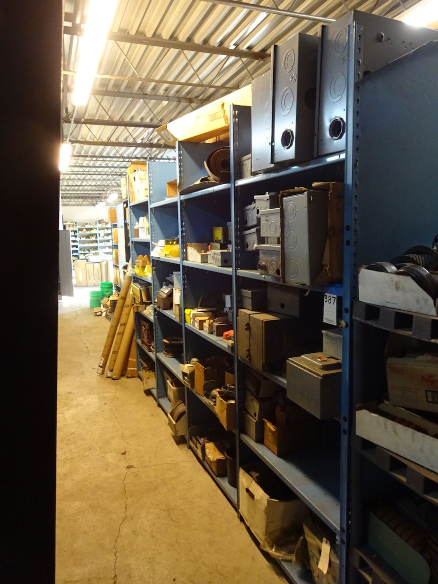 LOT: Assorted Parts & Electrical Boxes in Area (includes shelving)