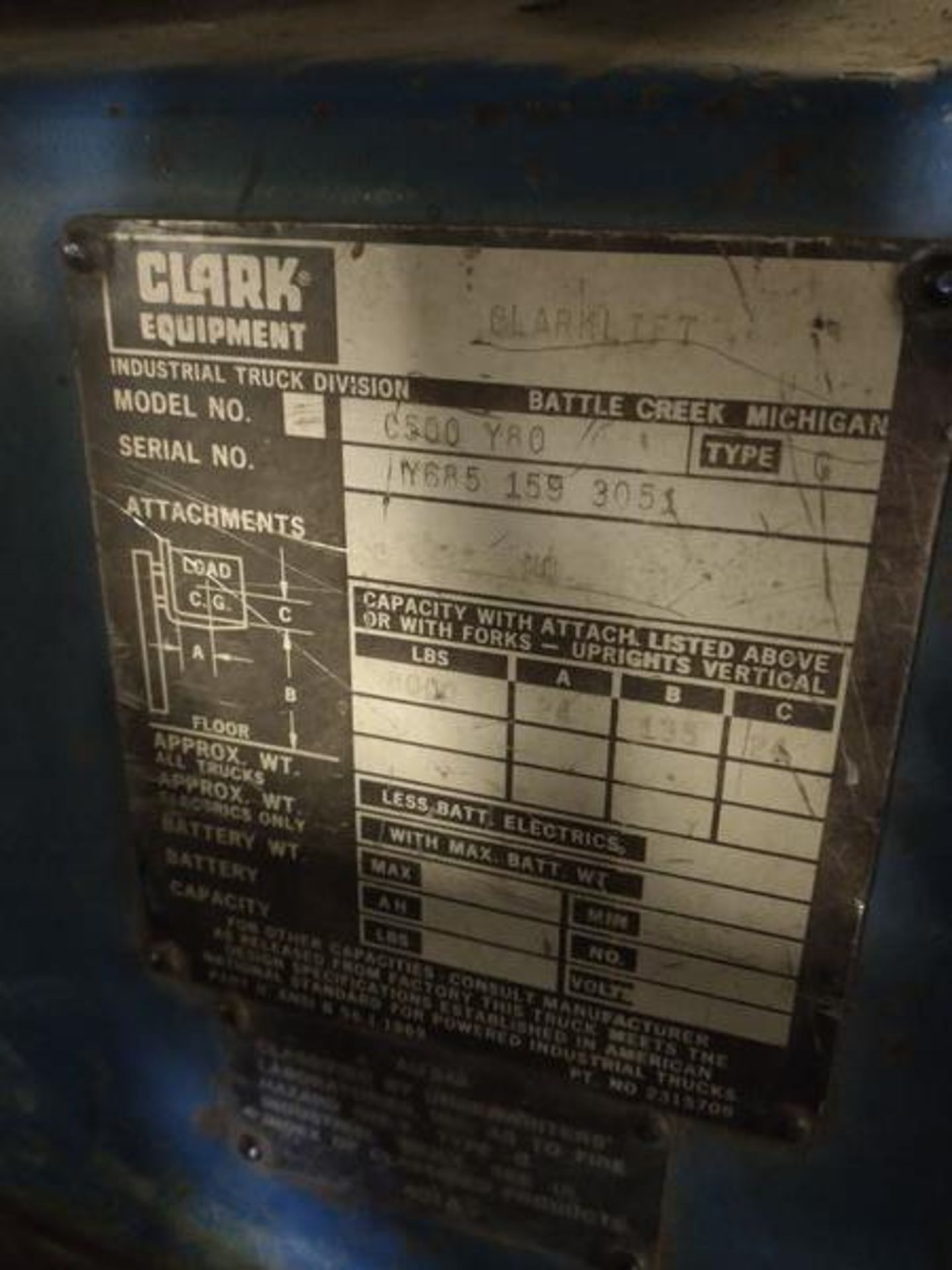 CLARK FORK LIFT - 8000 LB CAP , MODEL C500Y80 , TYPE G - Image 3 of 5