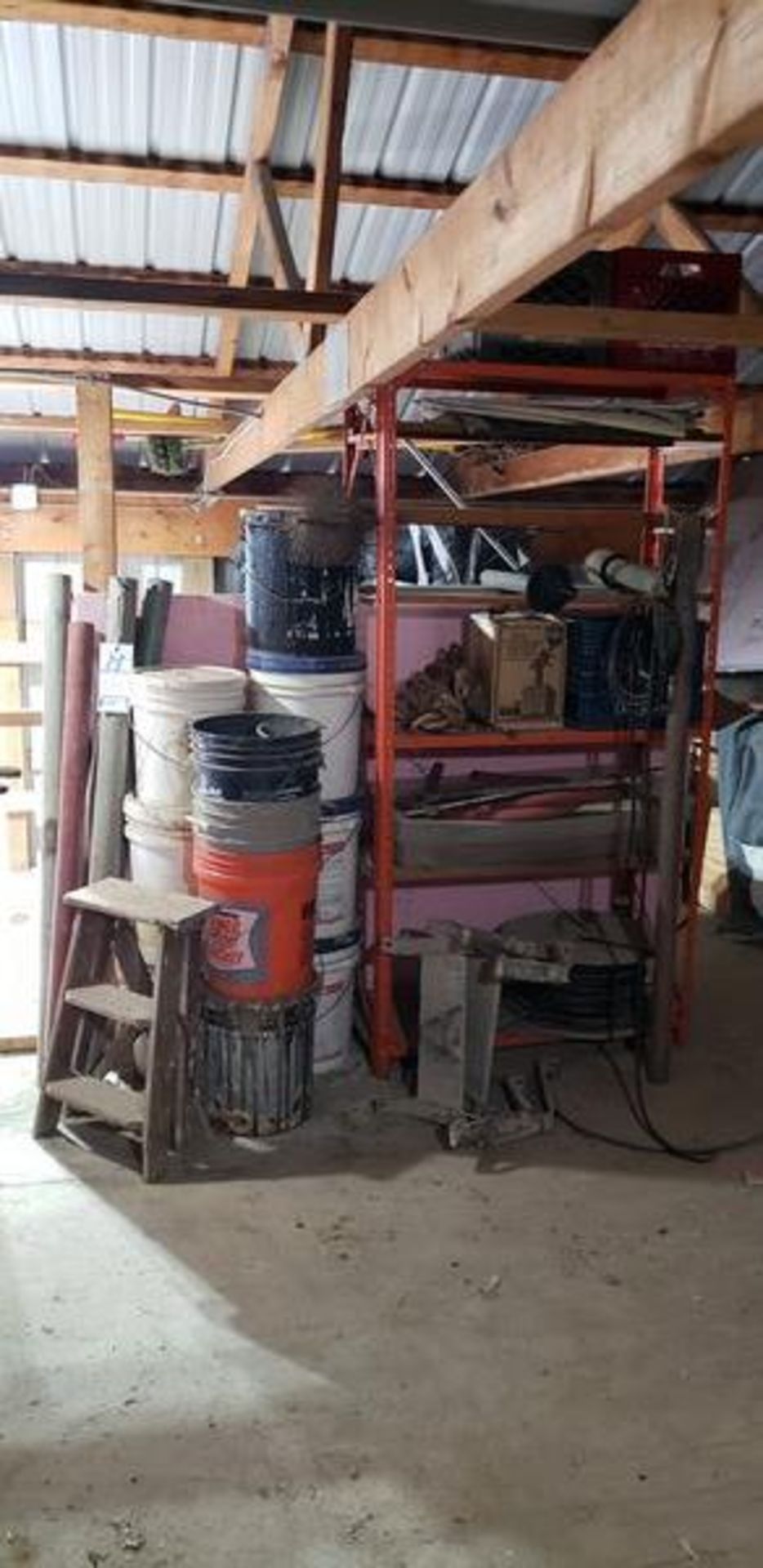 LOT OF MISC WITH BUCKETS, SHELF, ETC