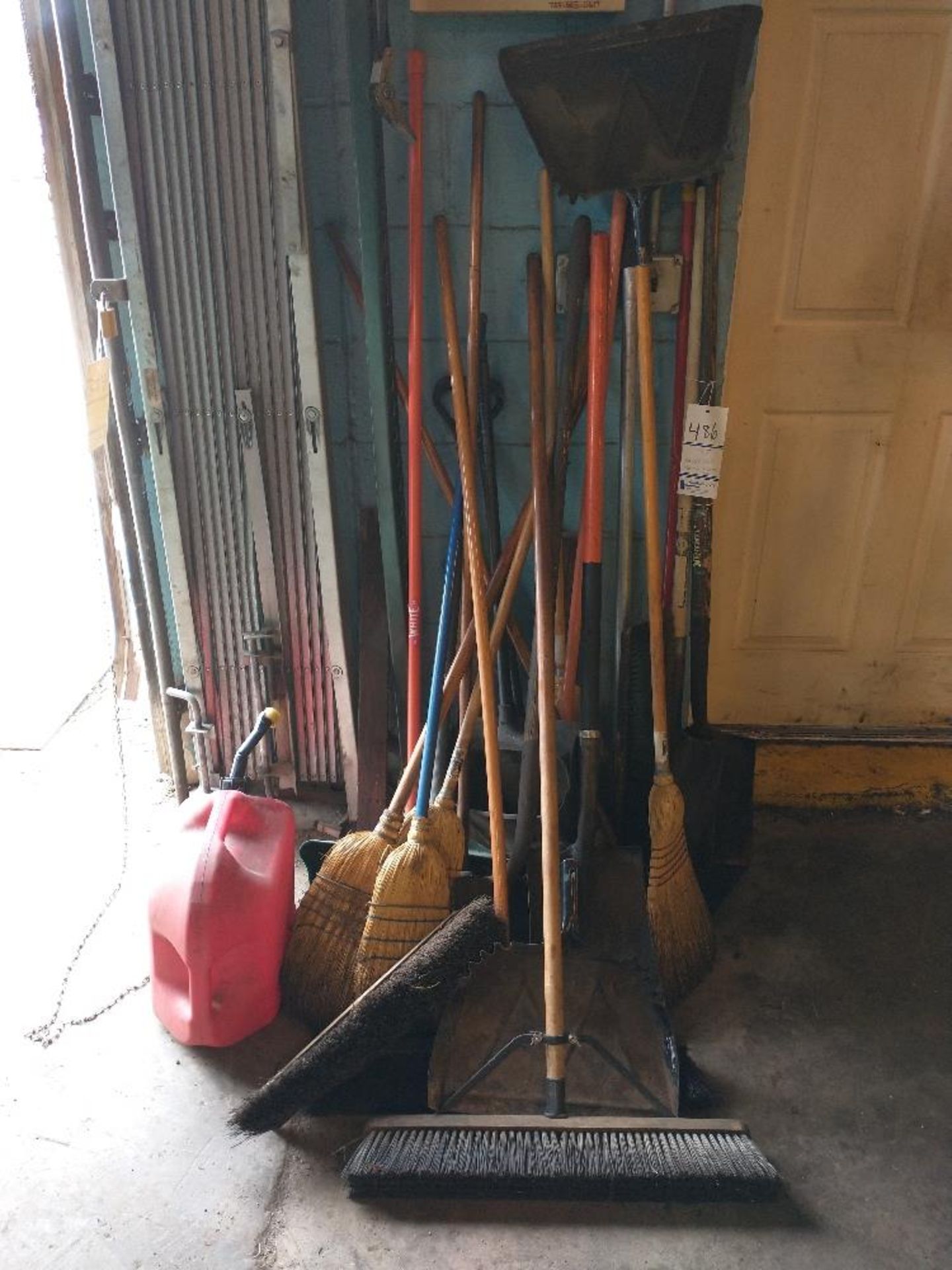 LOT OF HAND TOOLS, SHOVELS, BROOMS, ETC