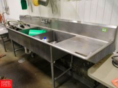 Stainless Steel Sink, 3-Compartments. Bowl Sizes: 24" x 24" x 12", Length: 120", Drainboards: 33";