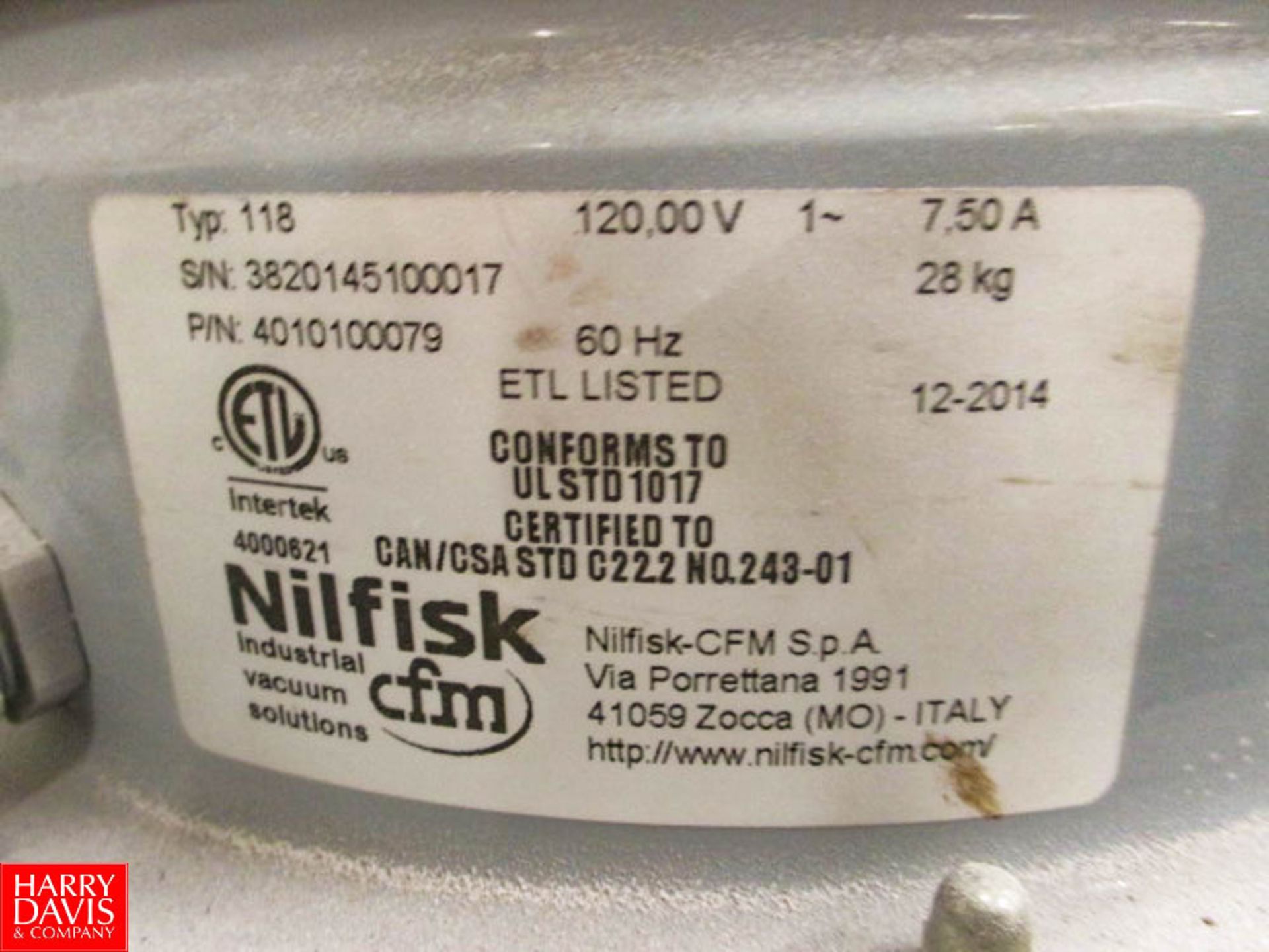 Nilfisk 118 (cfm) Shop Vacuum, S/N: 3820145100017 HIT# 2322409 - Rigging Fee: $100 - Image 3 of 3