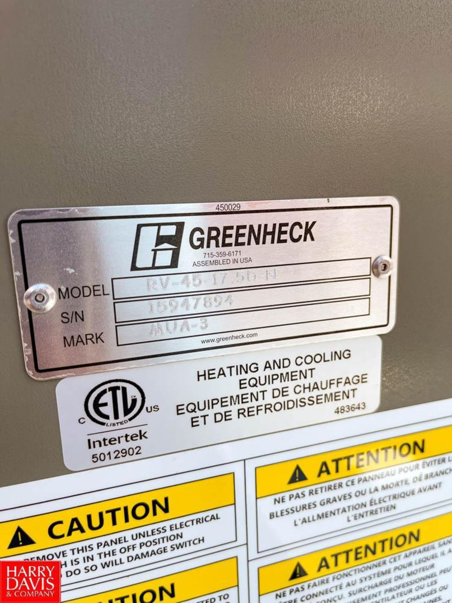 2019 Greenheck Indirect Gas Fired Make Up Air Unit, Model; RV-45-17.5D-N : S/N 15947894 or PVG250 - Image 3 of 5