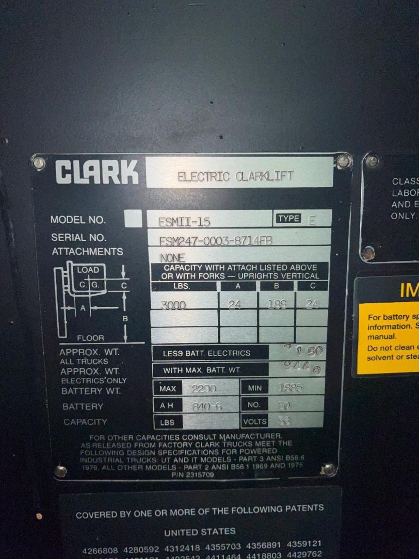 Clark 3,000 LB Capacity, Electric Forklift, Model: ESMII-15, S/N: ESM247-0003-8714FB - Image 2 of 2