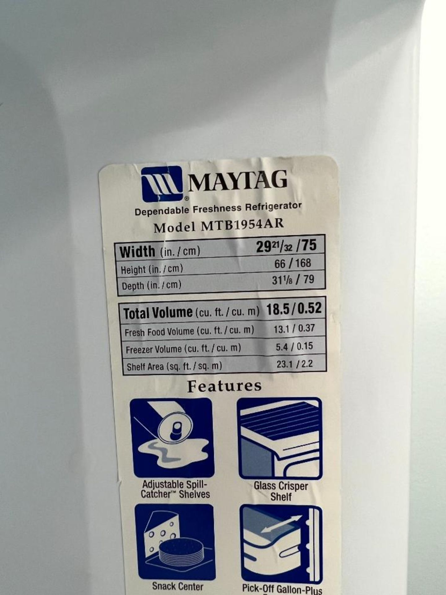 Maytag Refrigerator/Freezer, Model: MTB1954AR - Image 2 of 2