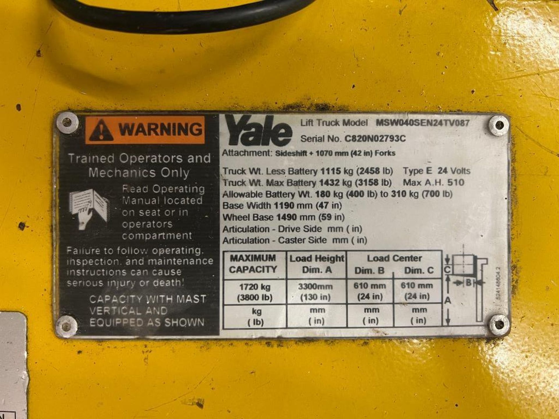 Yale 3,800 LB Capacity Lift Truck, Model: MSW040SEN24TV087, S/N: C820N02793C with Integrated Battery - Image 2 of 2