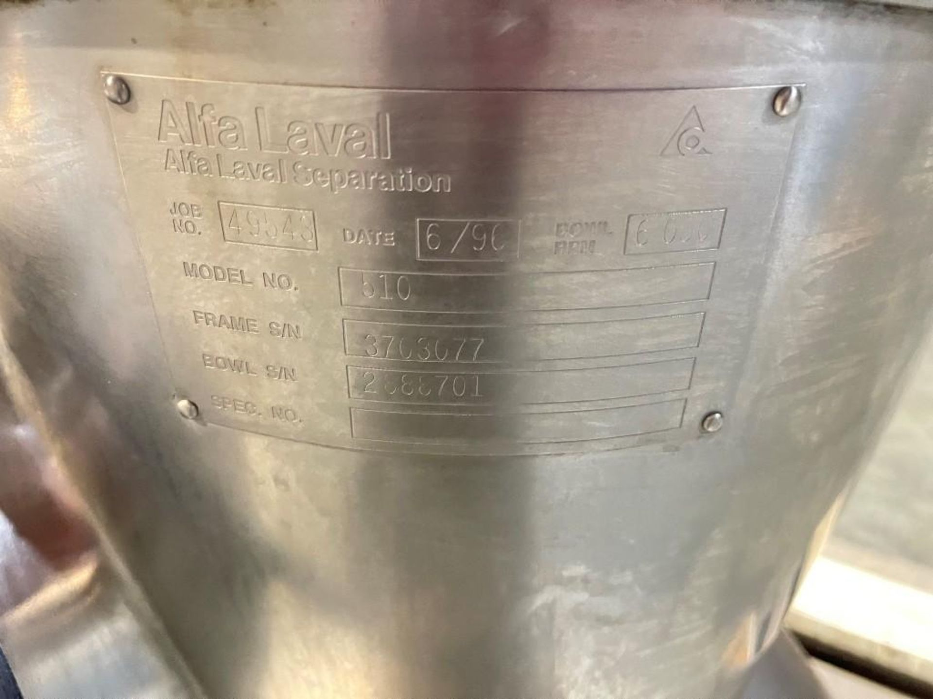 Alfa Laval S/S Separator Model: 510, S/N: 370377, Bowl S/N: 288701 (Location: New Stanton, PA) - Rig - Image 3 of 4