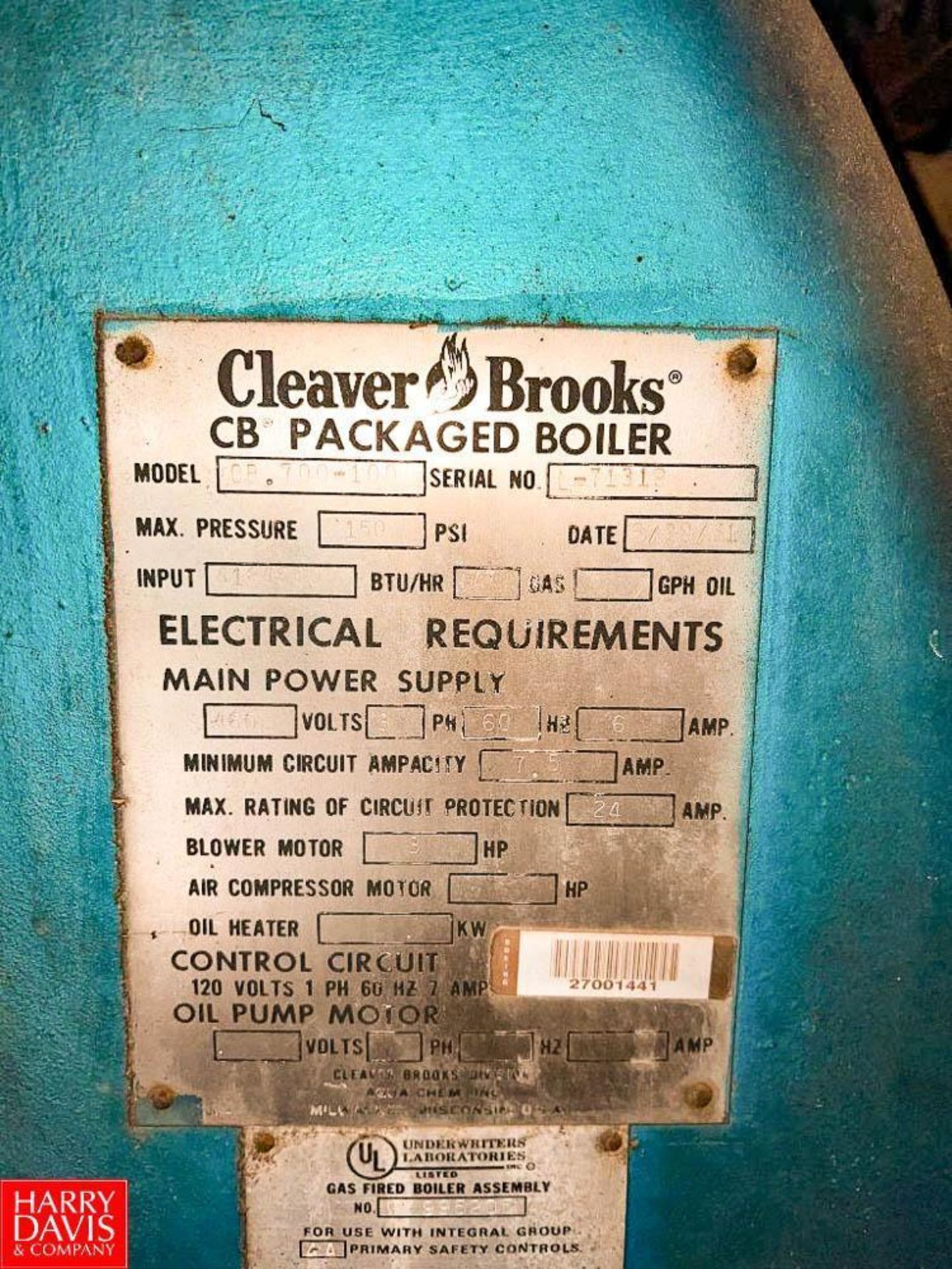 Cleaver Brooks 150 PSI Package Boiler, Model: CB.700-100, S/N: L-71319 - Rigging Fee: $3500 - Image 2 of 2