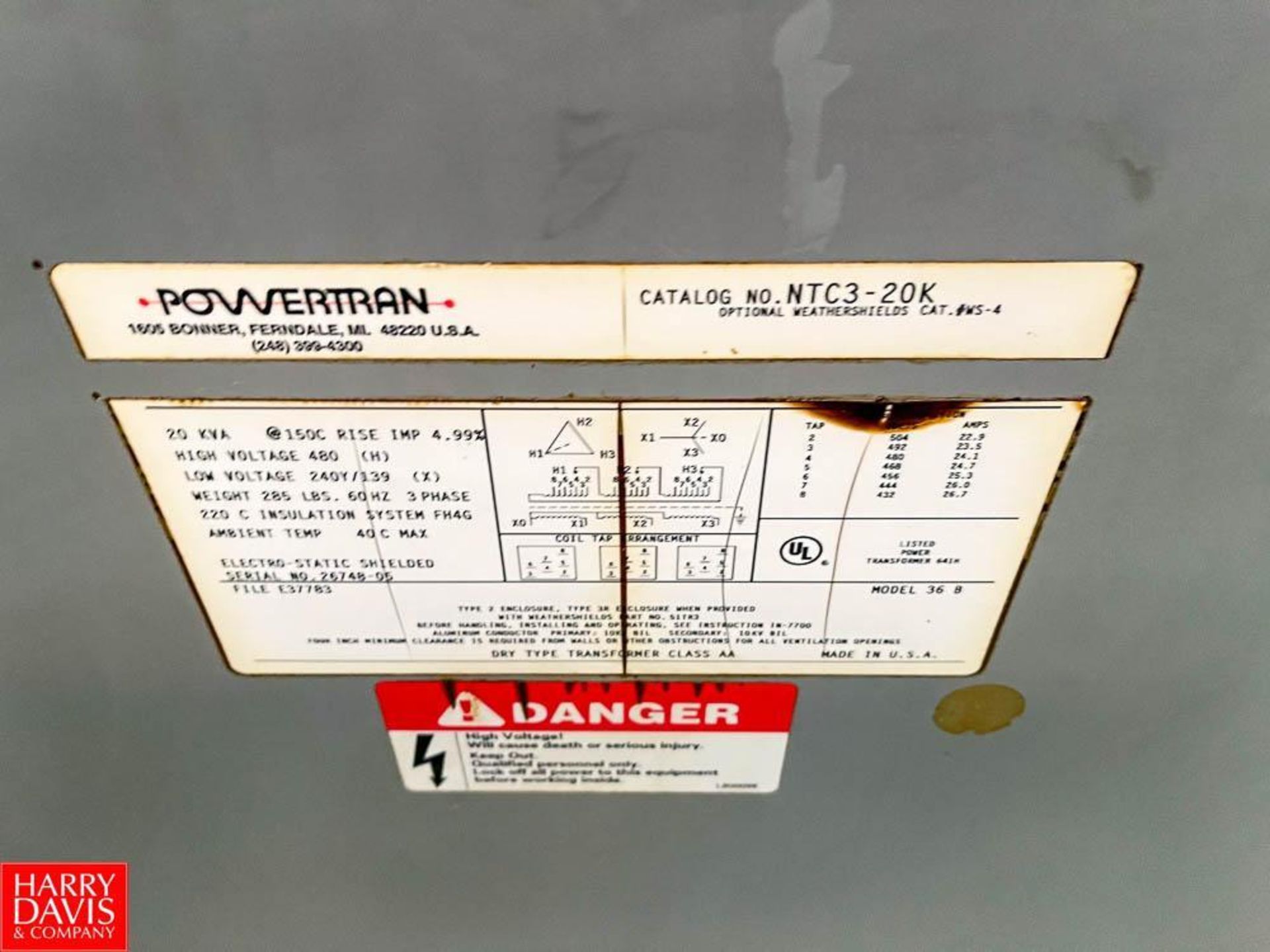 Power Tran 20 kVA, 480 Volt Transformer, Catalog Number: NTC3-20K - Image 3 of 3