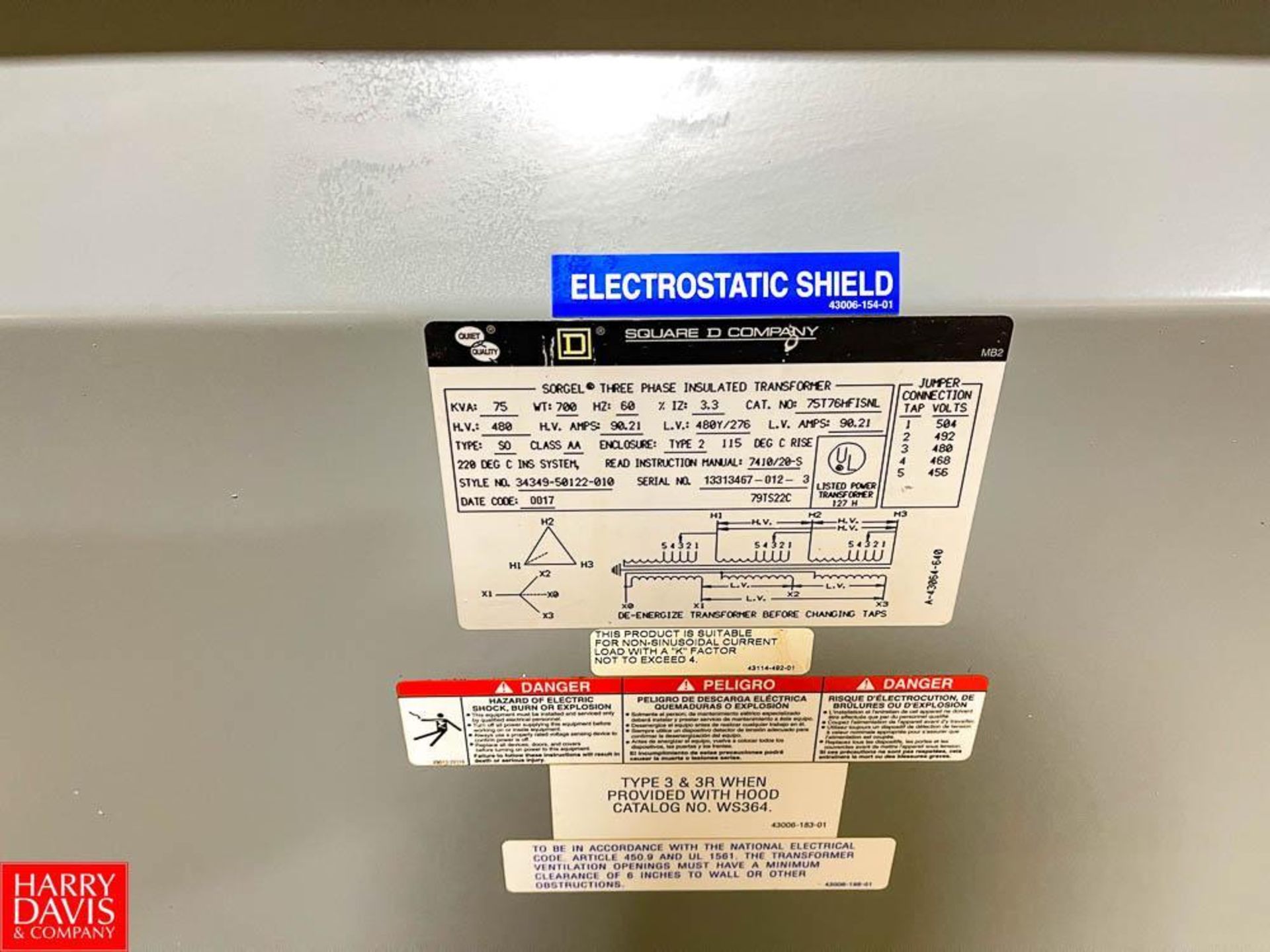 Square D Sorgel 45 kVA, 480 Volt, 3-Phase Insulated Tranformer - Image 2 of 2