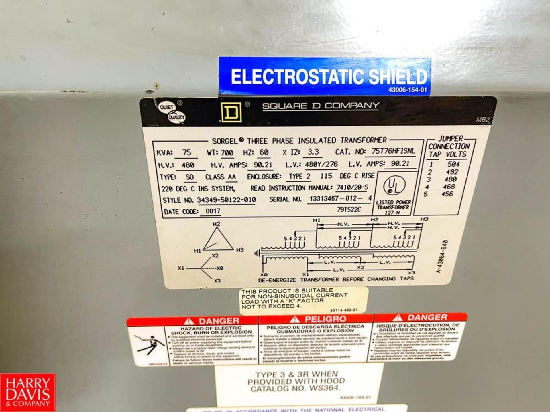 Square D Sorgel 75 kVA, 480 Volt, 3-Phase Insulated Tranformer - Image 2 of 2