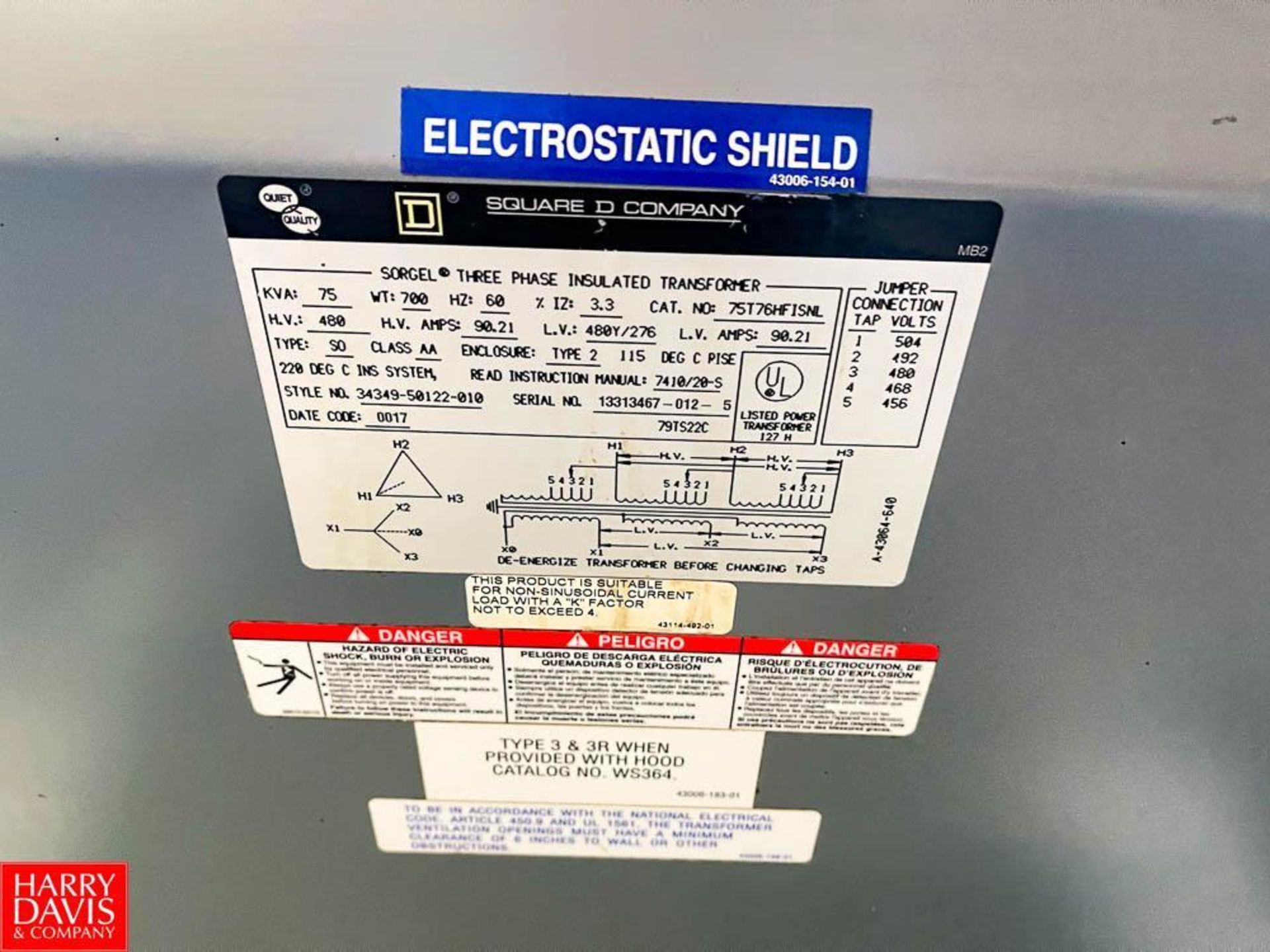 Square D Sorgel 75 kVA, 480 Volt, 3-Phase Insulated Tranformer - Image 2 of 2