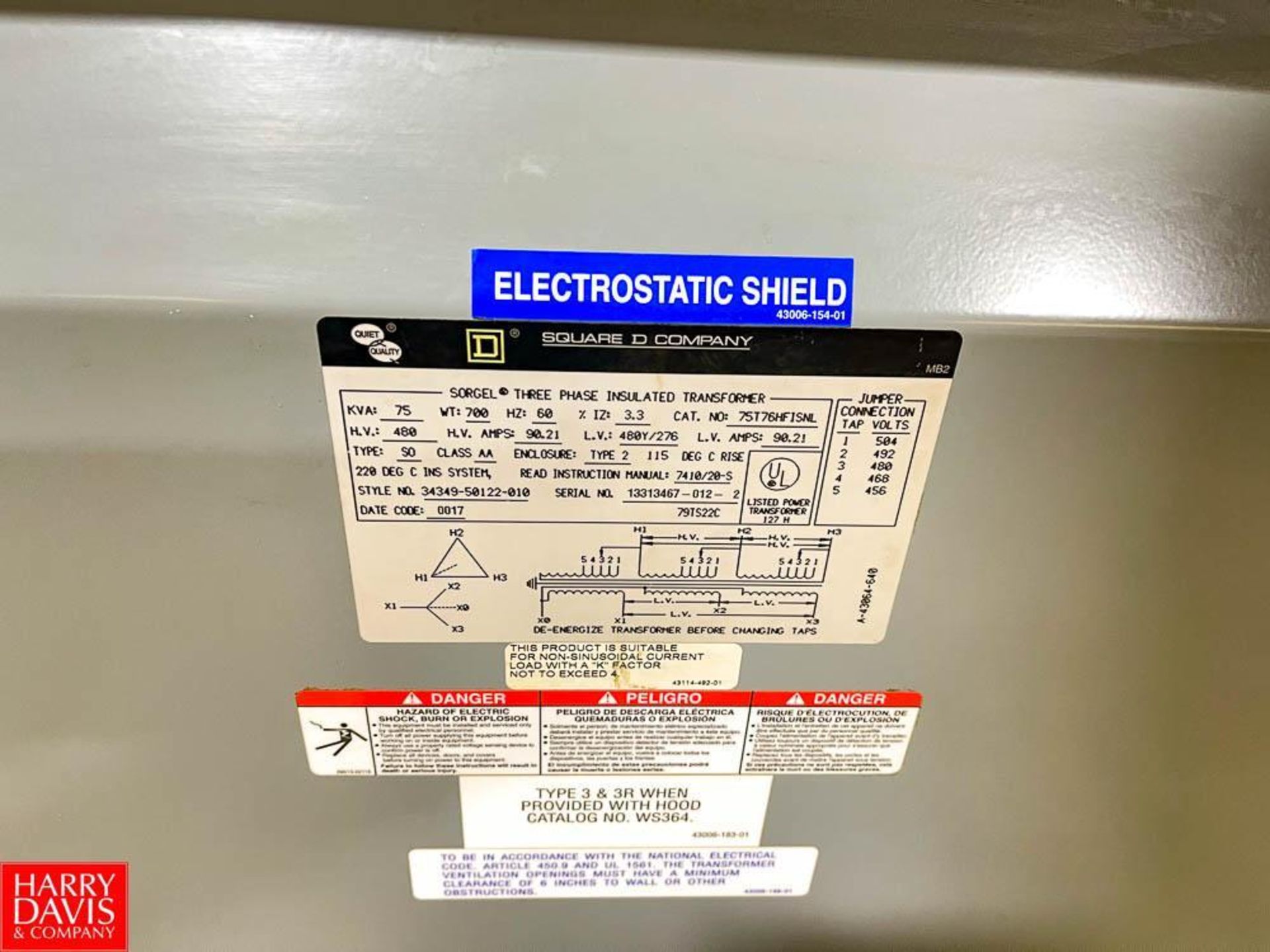 Square D Sorgel 75 kVA, 480 Volt, 3-Phase Insulated Tranformer - Image 2 of 2