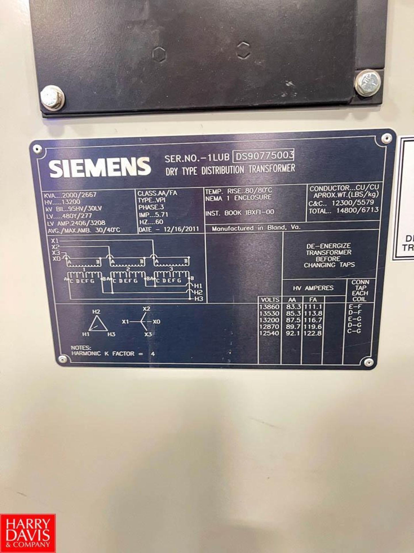 Siemens Dry, Type: Distrilbution Transformer 2000/2667 kVA - Image 2 of 3