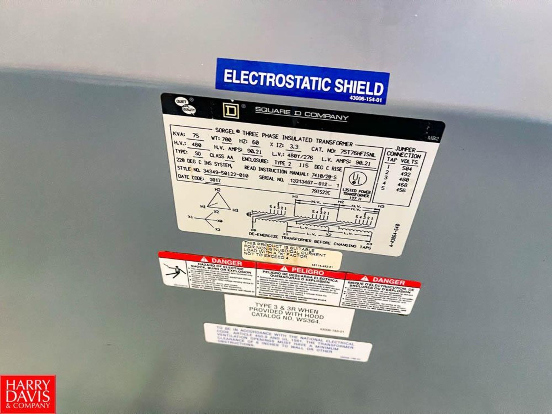 Square D Sorgel 75 kVA, 480 Volt, 3-Phase Insulated Tranformer - Image 2 of 2