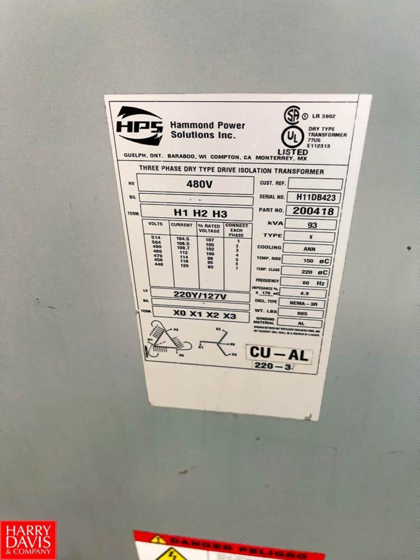 Hammond Power Solutions Inc. 93 kVA, 480 Volt, 3-Phase Dry, Type: Isolation Transformer - Image 2 of 2