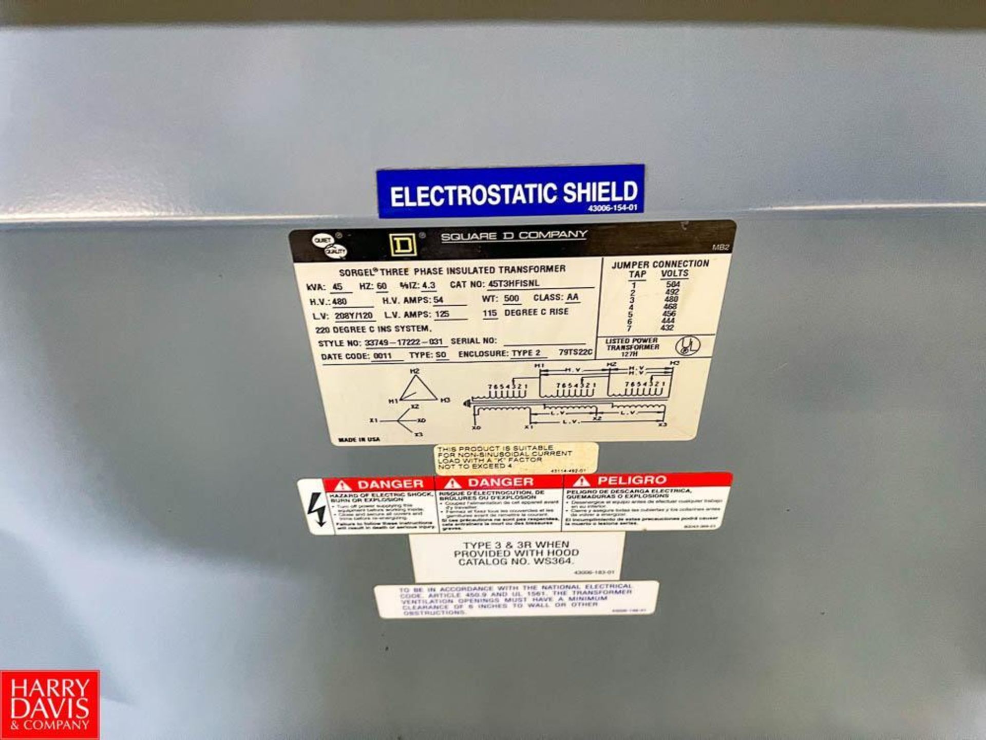 Square D Sorgel 45 kVA, 480 Volt, 3-Phase Insulated Tranformer - Image 2 of 2