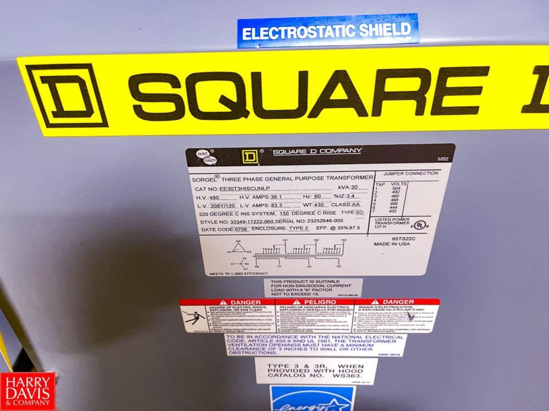 Square D Sorgel 30 kVA, 480 Volt, 3-Phase Insulated Tranformer - Image 2 of 2