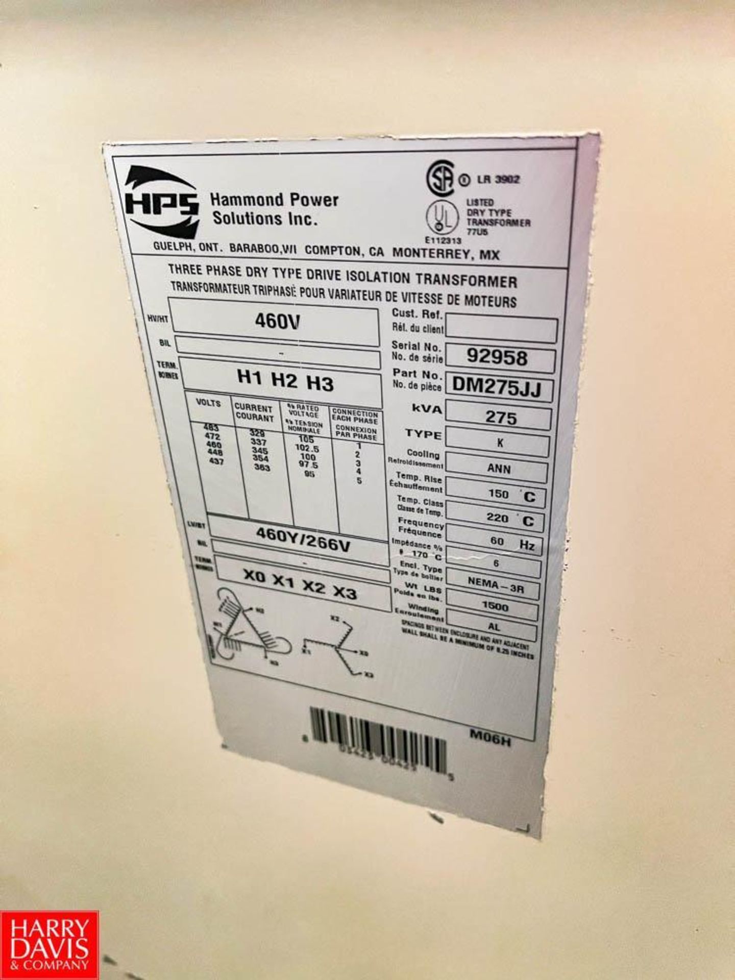 Hammond Power Solution Inc. 275 kVA, 460 Volt, 3-Phase Dry, Type: Isolation Transformer - Image 2 of 2