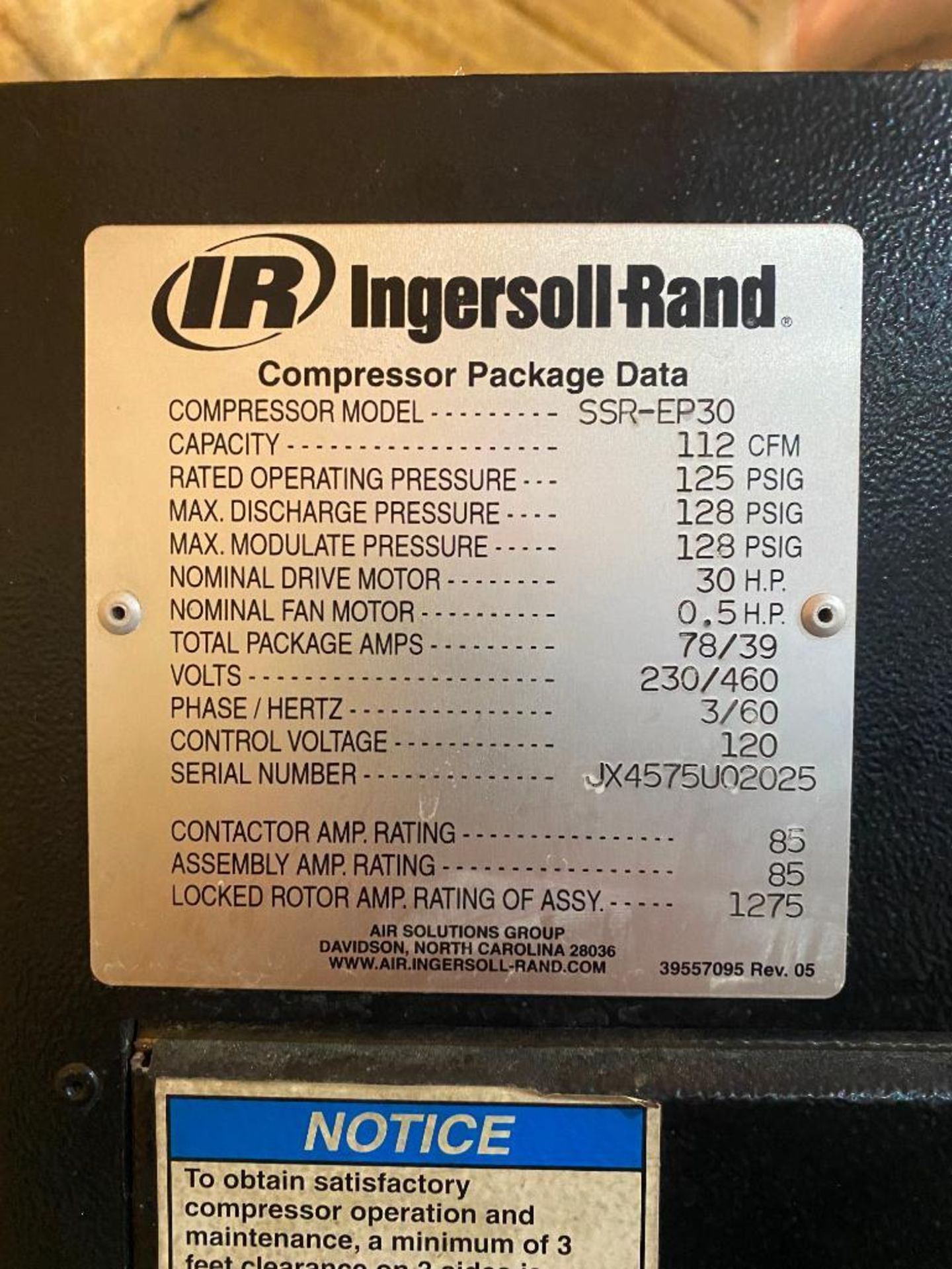 Ingersoll Rand 30 HP, 125 PSIG Air Compressor, Model: SSP-EP30, S/N: JX4575U02025 with 120 Gallon Ta - Image 2 of 2