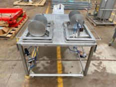 (2) S/S Cheese Wheel Slicers with Pneumatic Press, Foot Controls and Mounted on Mobile S/S Table, Di