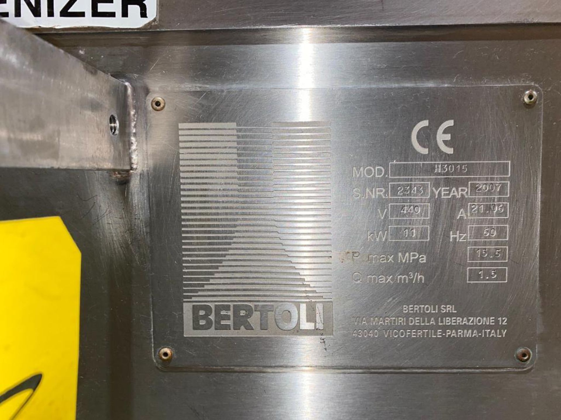 Bertoli Homogenizer, Model: H3015, S/N: 2345 (Location: Rice Lake, WI) - Rigging Fee: $500 - Image 2 of 2