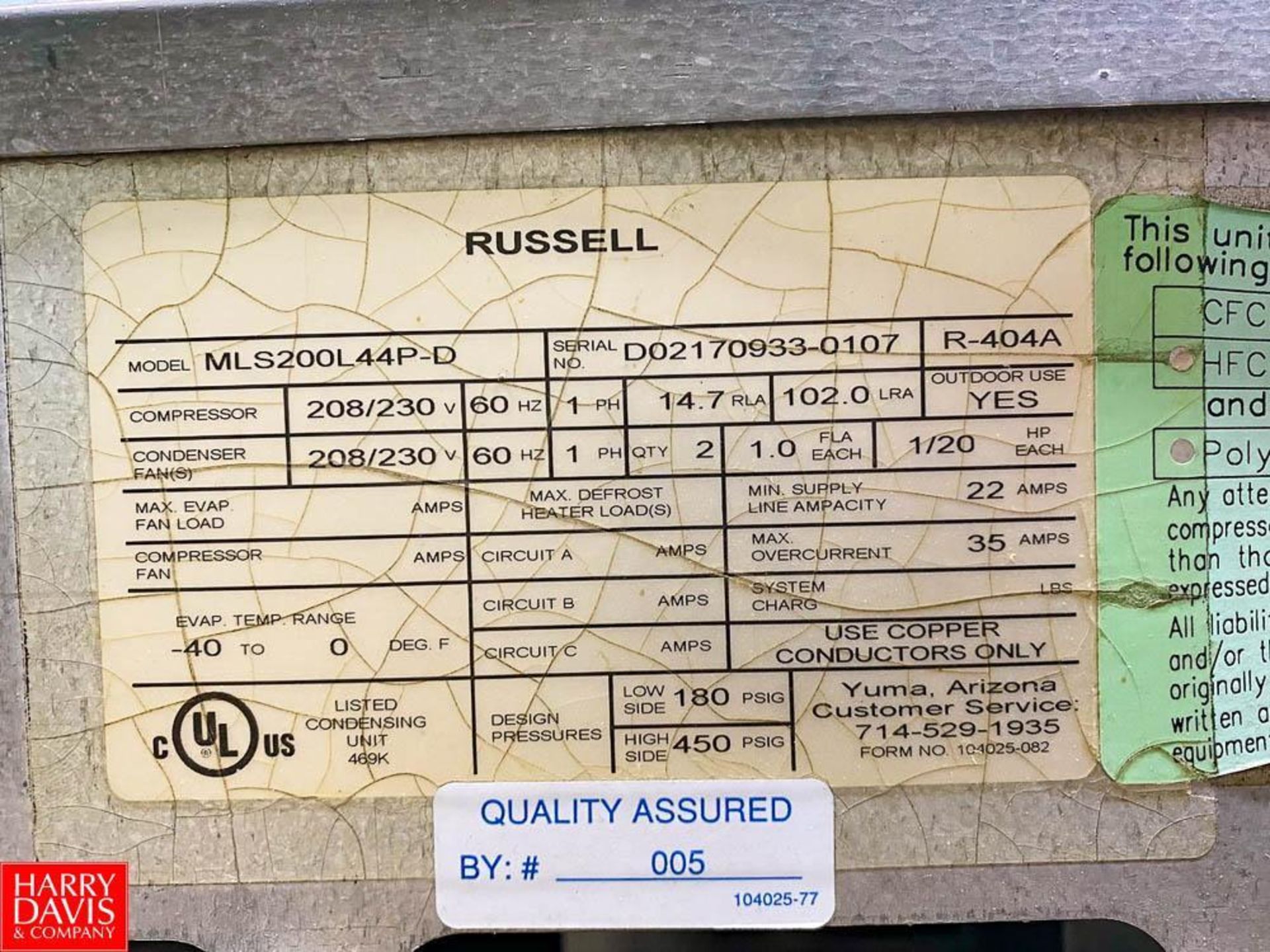 Russell Condenser Unit, Model: MLS200L44P-D, 208/230 Volts 60 HZ, 1/20 HP - Rigging Fee: $50 - Image 4 of 4