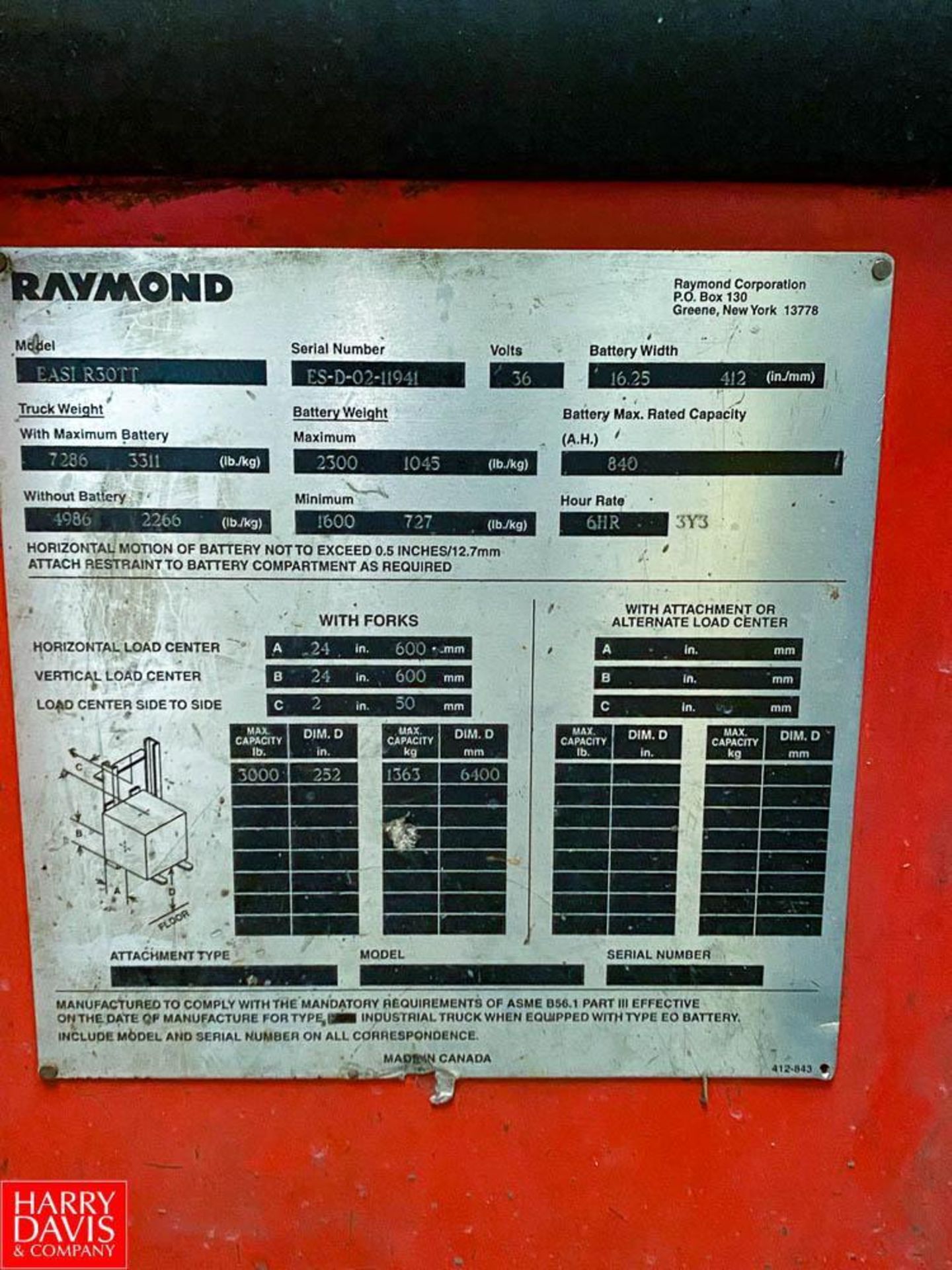 Raymond Stand Up Forklift 3,000 LB Capacity, Model: EASIR30TT, S/N: ES-D-02-11941, 36 Volts 42'' Len - Image 9 of 10
