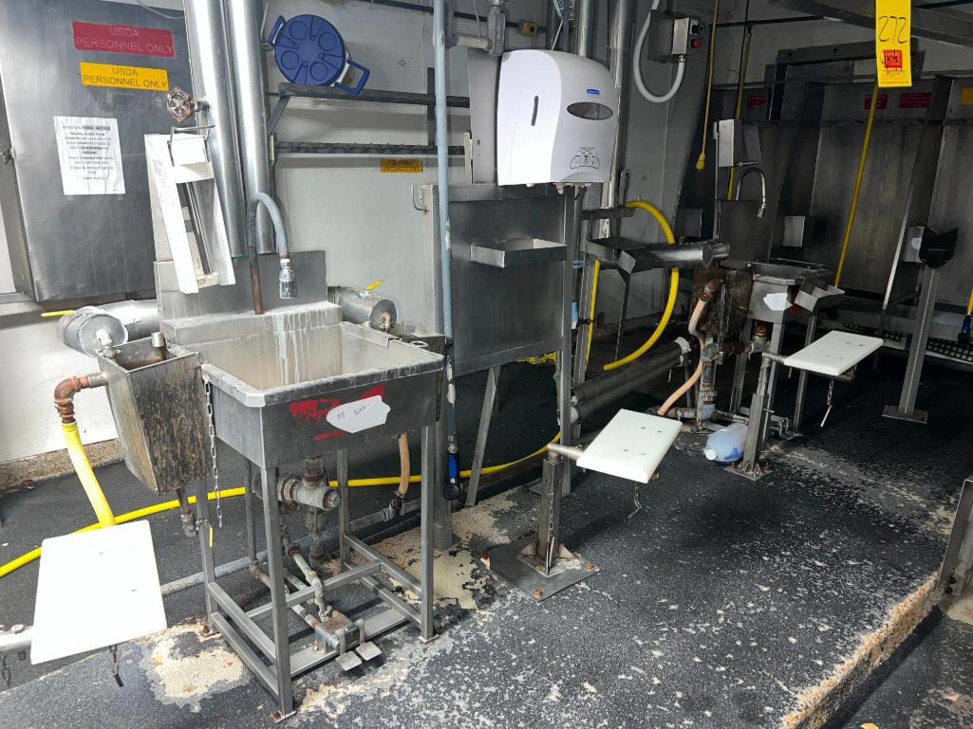 (3) S/S Sinks with Foot Controls and Assorted Wash Cabinets and Bins - Rigging Fee: $300