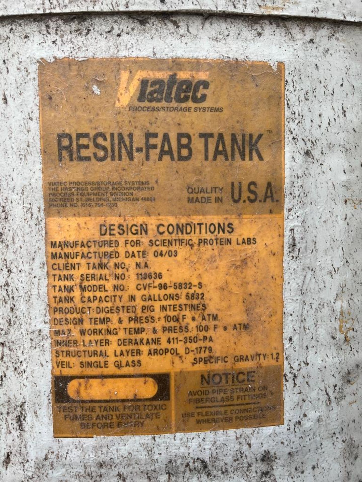Viatec 6,832 Gallon Resin-Fab Tank, Model: CVF-96-5832-S, S/N: 113636, Outside Diameter= 102" - Rigg - Image 3 of 3