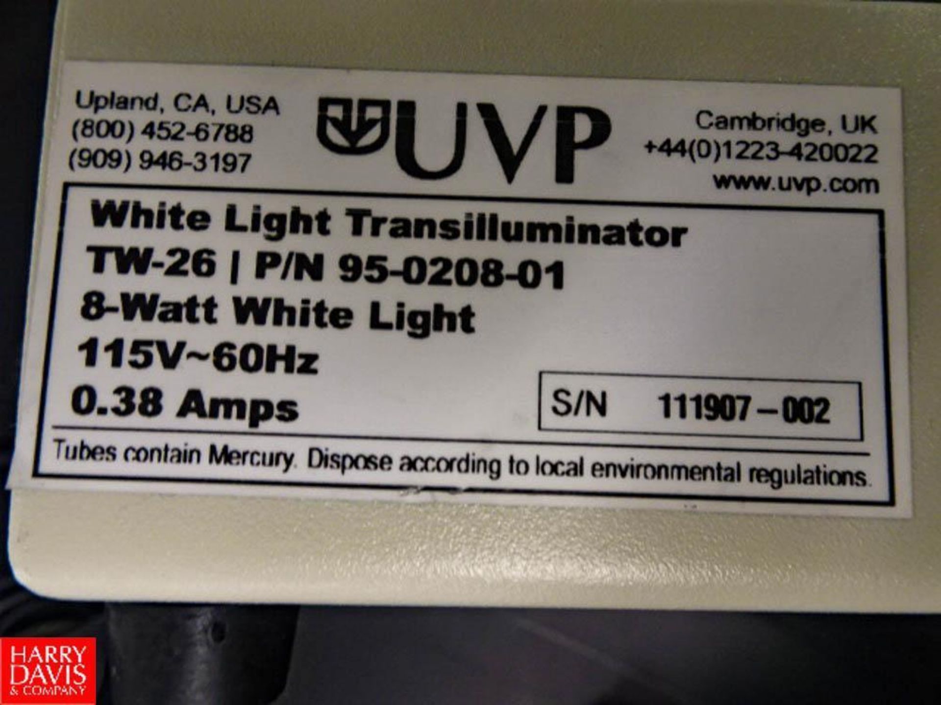 UVP Whight Light Transilluminator, Model: TW-26, S/N: 111907-002 - Rigging Fee: $50 - Image 3 of 3