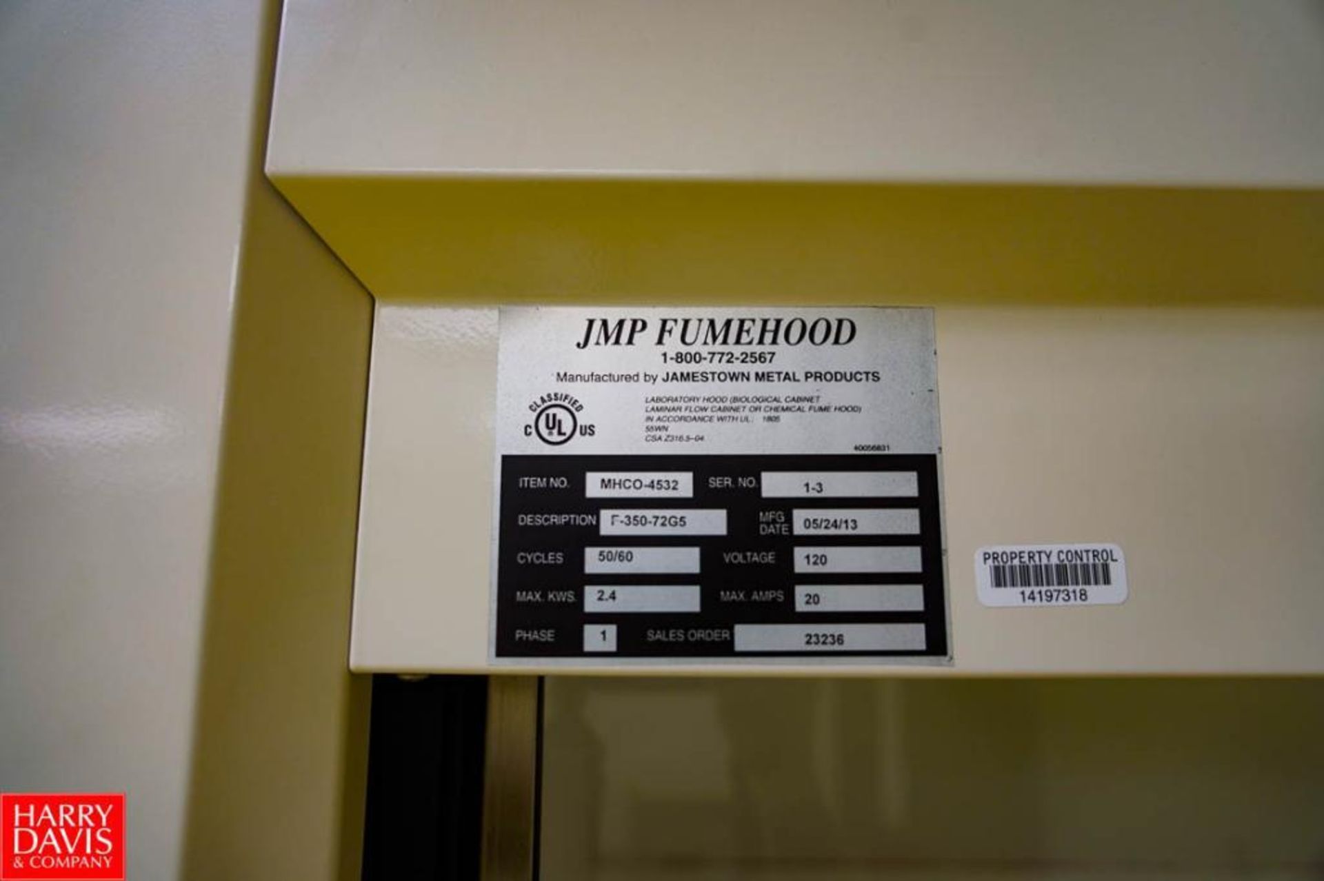 JMP Fume Hood 33'' x 73'' x 93'' Tall, 120 Volts, 50/60 Hz, 20 Amps, 2.4 Max KWS, Single Phase, Mode - Image 2 of 3