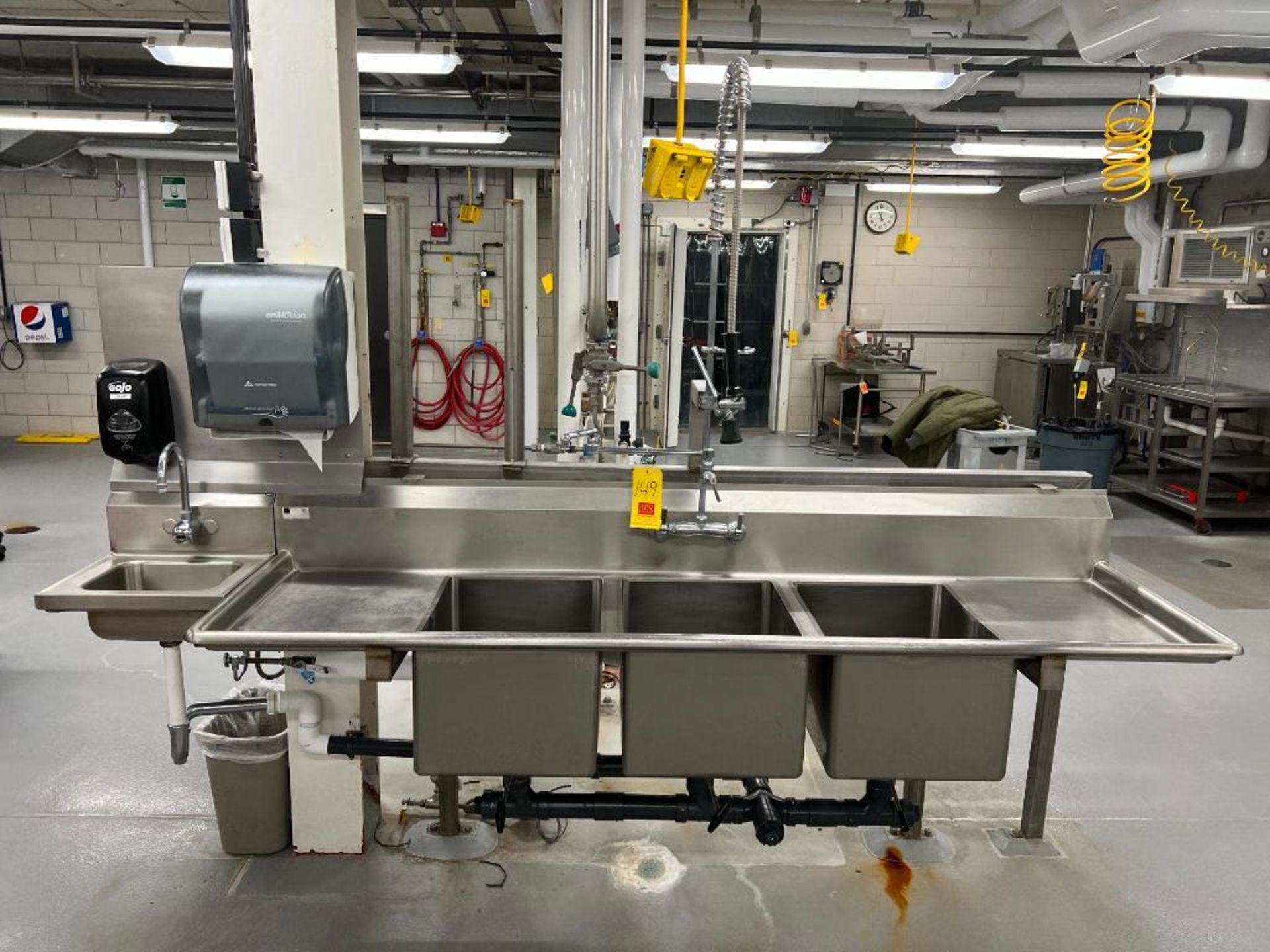 S/S 3-Basin Sink with Sprayer, Dimensions = 88" x 26" and S/S Automated Hand Sink - Rigging Fee: $45