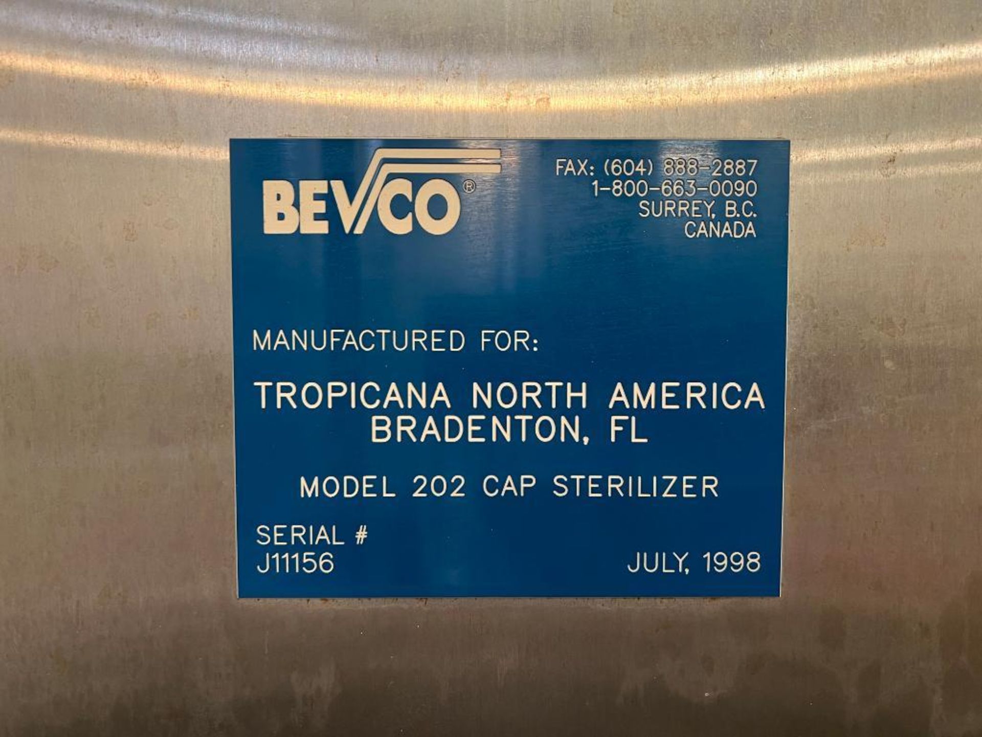 Bevco Bottle Inverter, Model: 202 CAP STERILIZER, S/N: J11156 - Subject to Bulk Bid - Rigging Fee: $ - Image 2 of 3