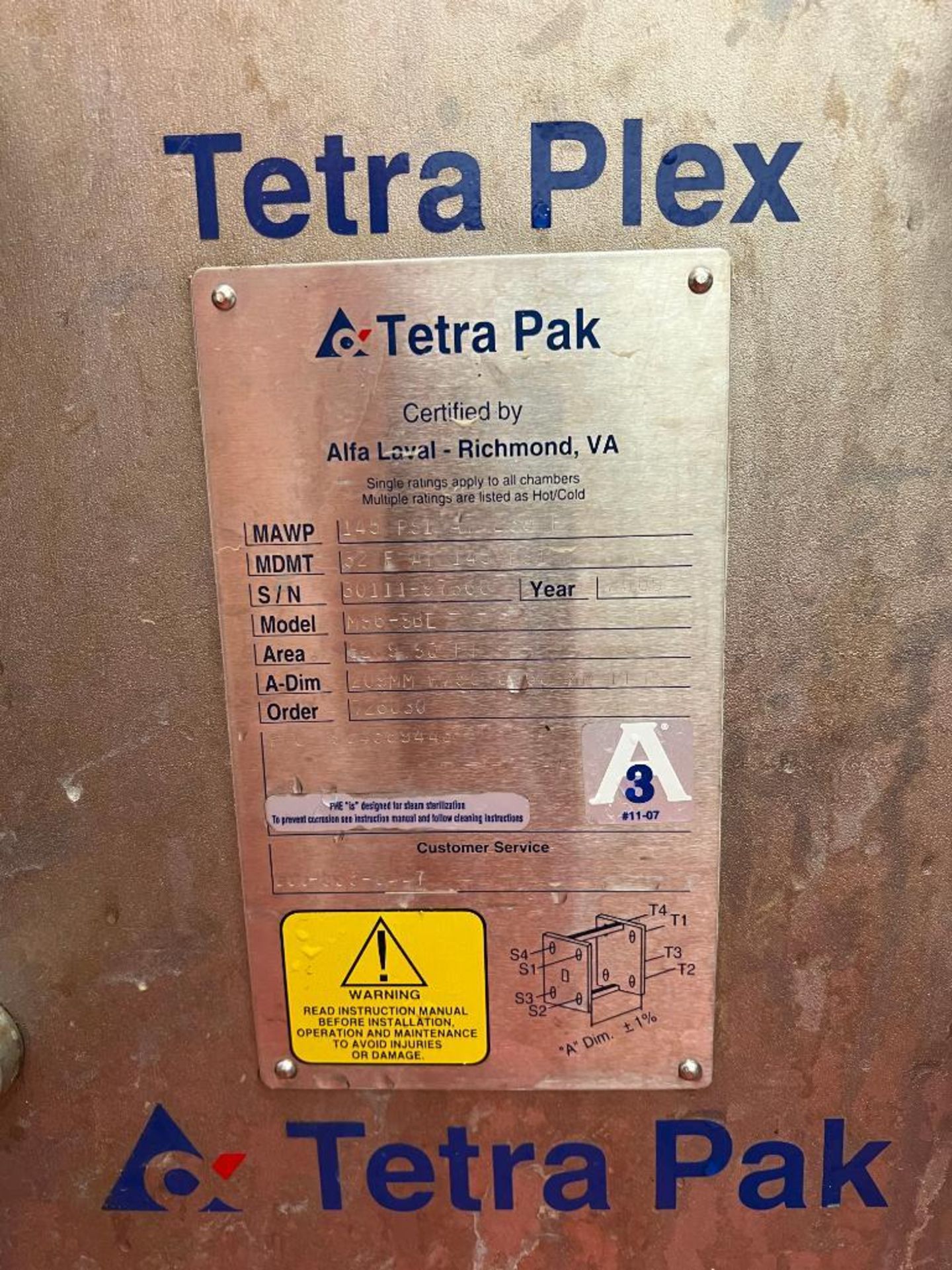 Tetra Pak 1-Zone S/S Plate Heat Exchanger, Model: MS6-SBL, S/N: 30111-97360 - Rigging Fee: $250 - Image 2 of 2