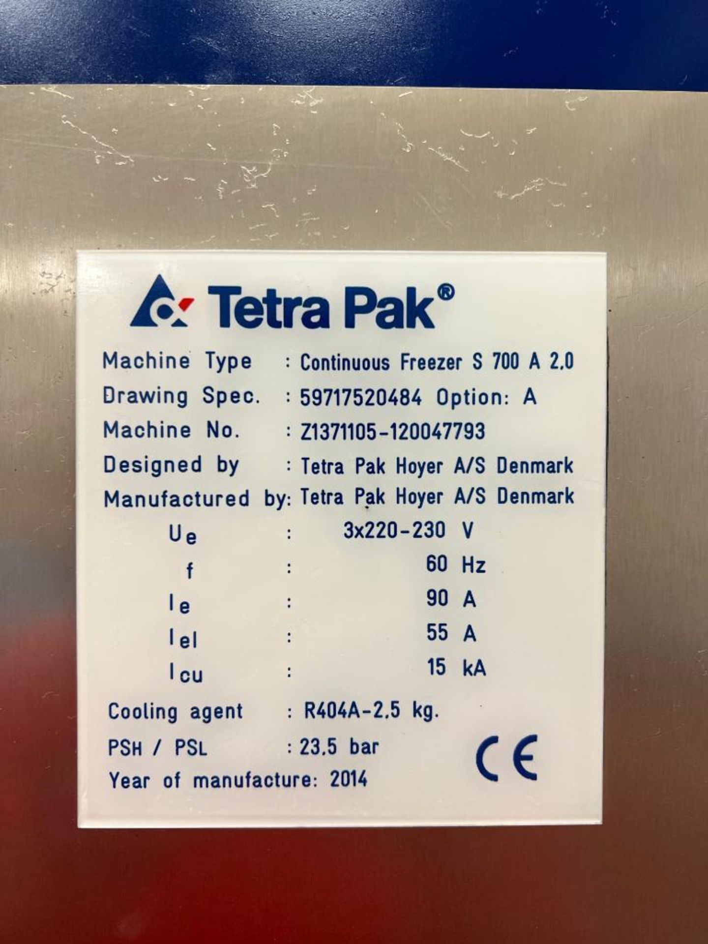 2014 Tetra Pak Continuous Single-Barrel Freezer S 700 A 2.0, Machine No: Z1371105-120047793 with Sie - Image 3 of 4