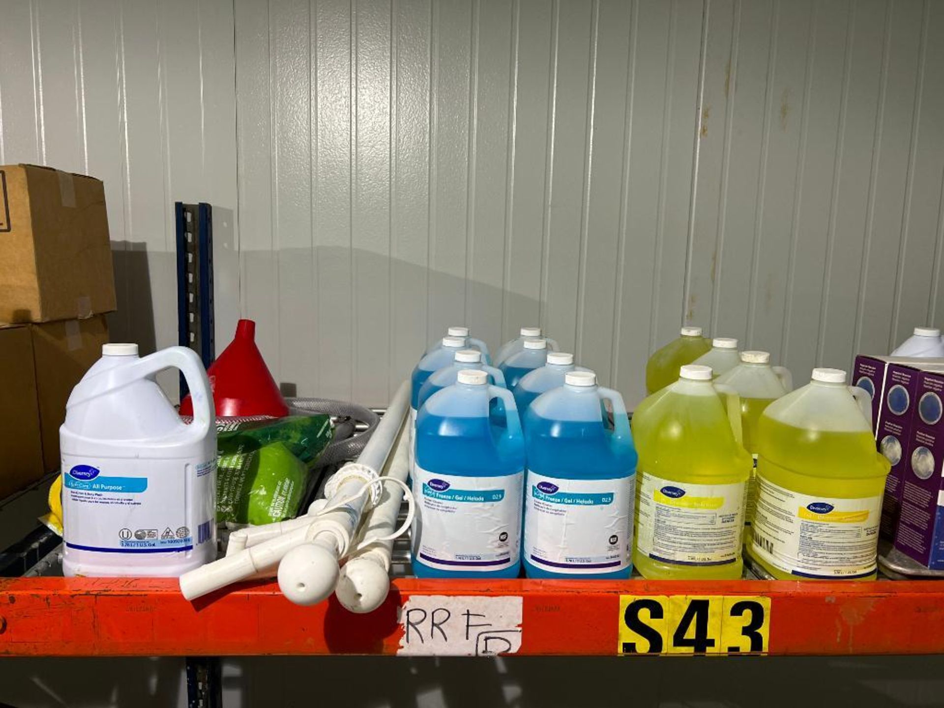 Assorted Diversey Cleaning Chemicals Including: Freezer Cleaner, Divosan Spectrum Sanitizer, Barrel