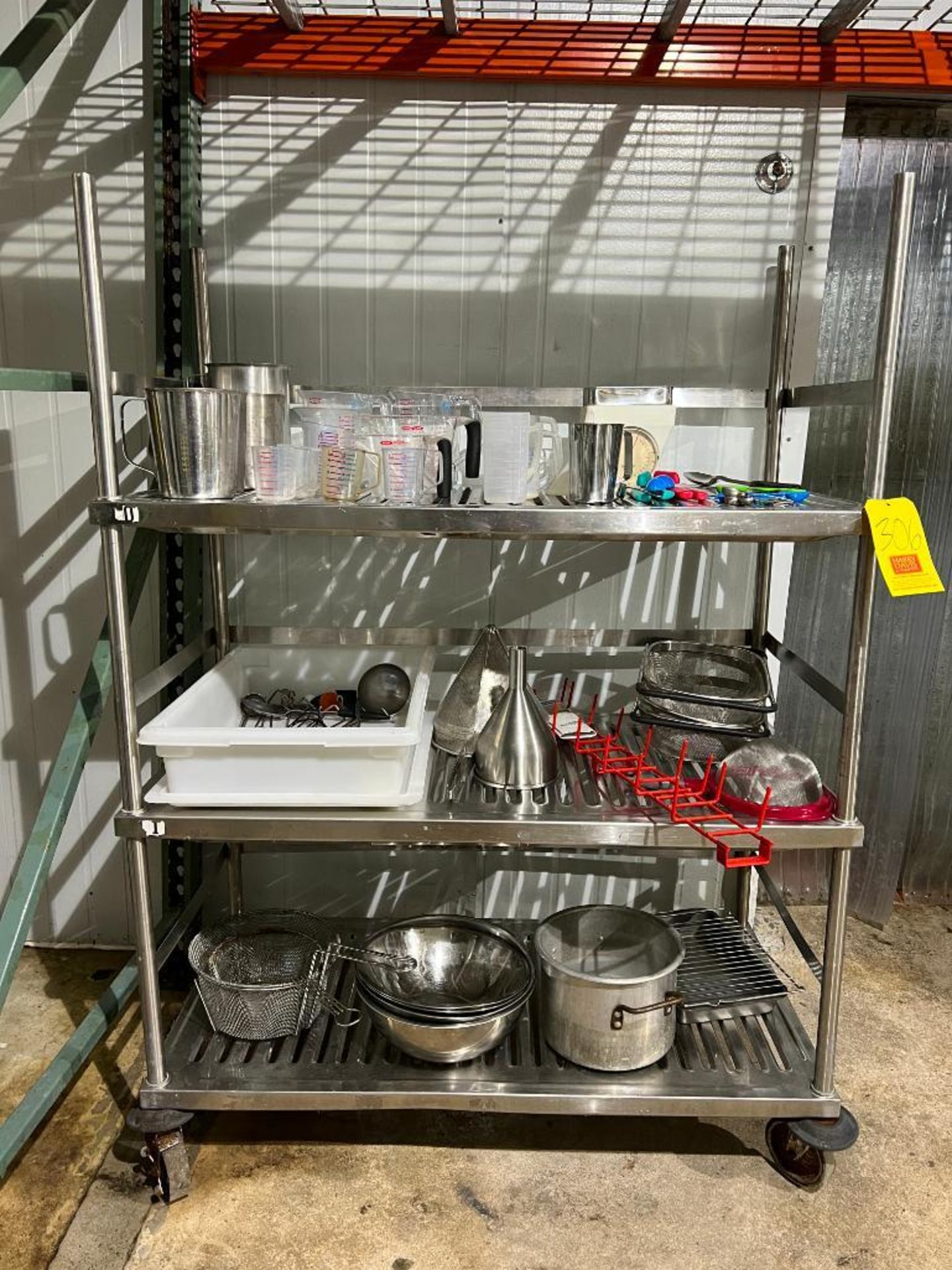 Assorted Measuring Cups (Some S/S), Bowls, Fryer Baskets, Chinoix, Scale, Utensils and Mobile 3-Shel
