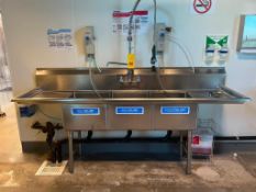 S/S 3-Basin Sink with Sprayer and EcoLab Chemical Dispensers, Dimensions= 90" x 2'