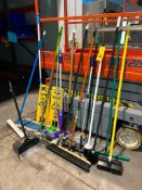 Assorted Cleaning Tools, Including Brooms, Shovel, Rake, Squeegies, Dust Pan, Wet Floor Signs