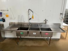 S/S 3-Basin Sink with (2) Facets and Sprayer, Dimensions= 10' x 28" - Rigging Fee: $50
